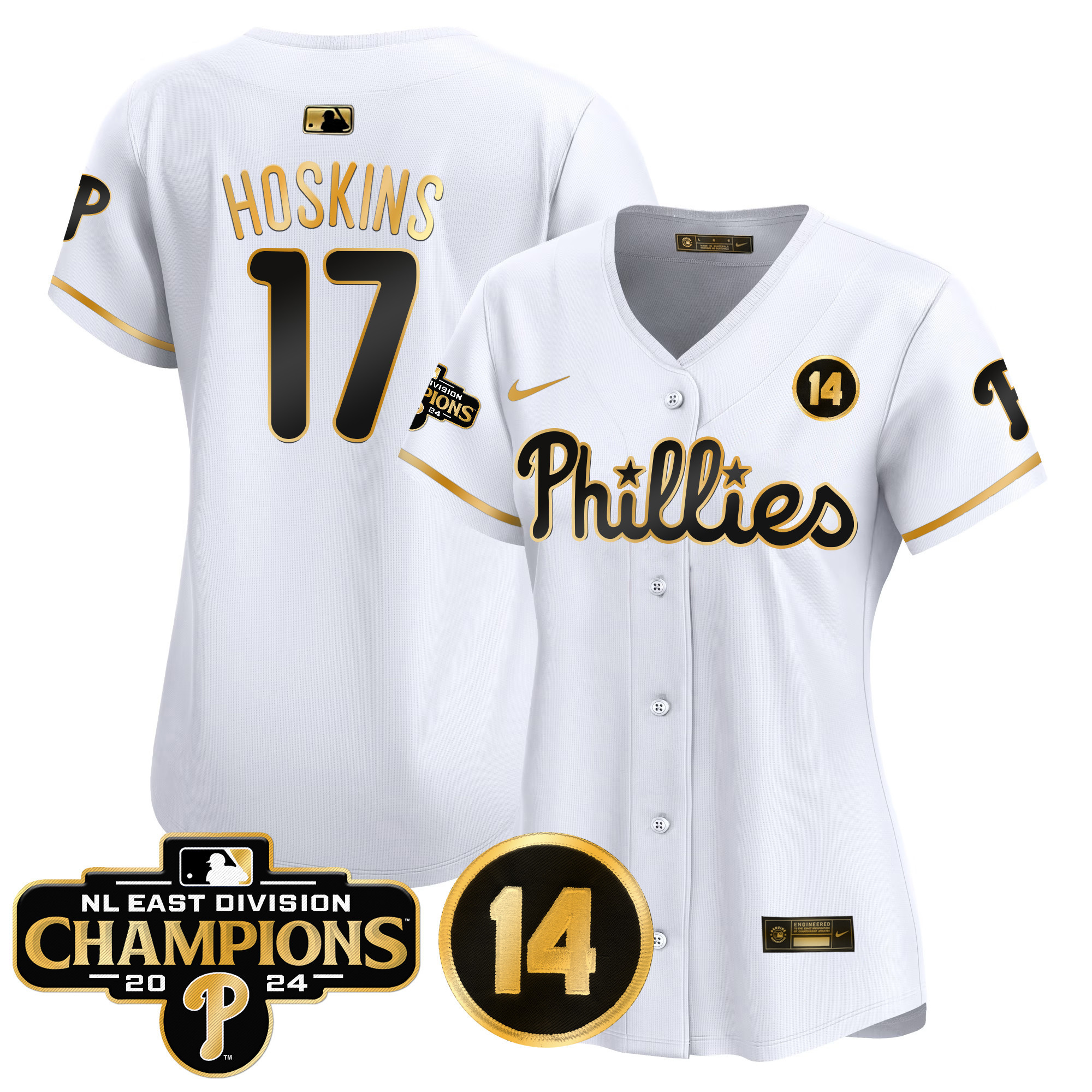 Women's Phillies 2024 NL East Division Champions & Pete Rose Patch Gold Vapor Premier Limited Jersey - All Stitched