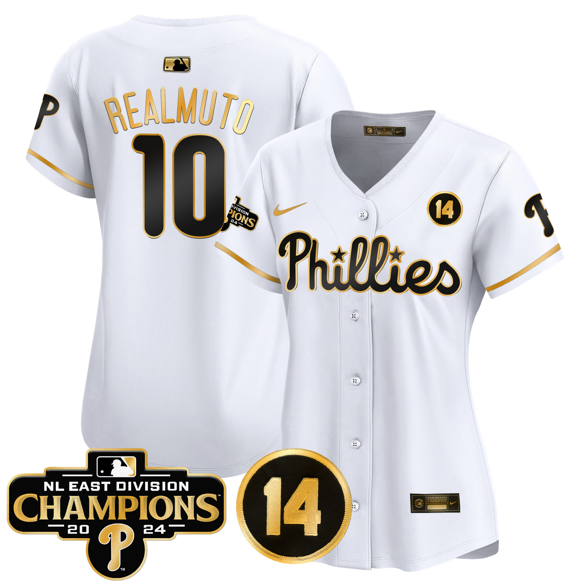 Women's Phillies 2024 NL East Division Champions & Pete Rose Patch Gold Vapor Premier Limited Jersey - All Stitched