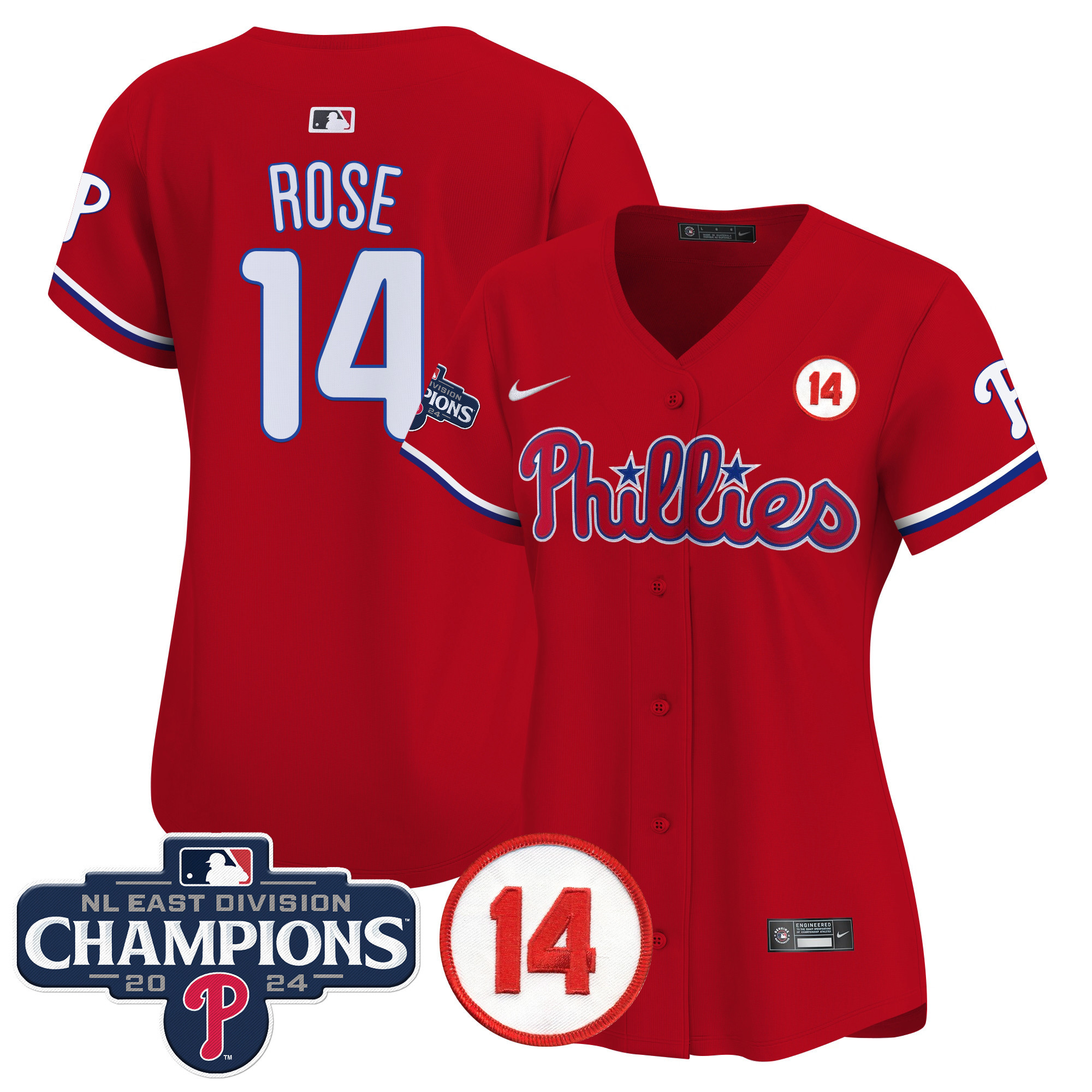Women's Phillies 2024 NL East Division Champions & Pete Rose Patch Gold Vapor Premier Limited Jersey - All Stitched