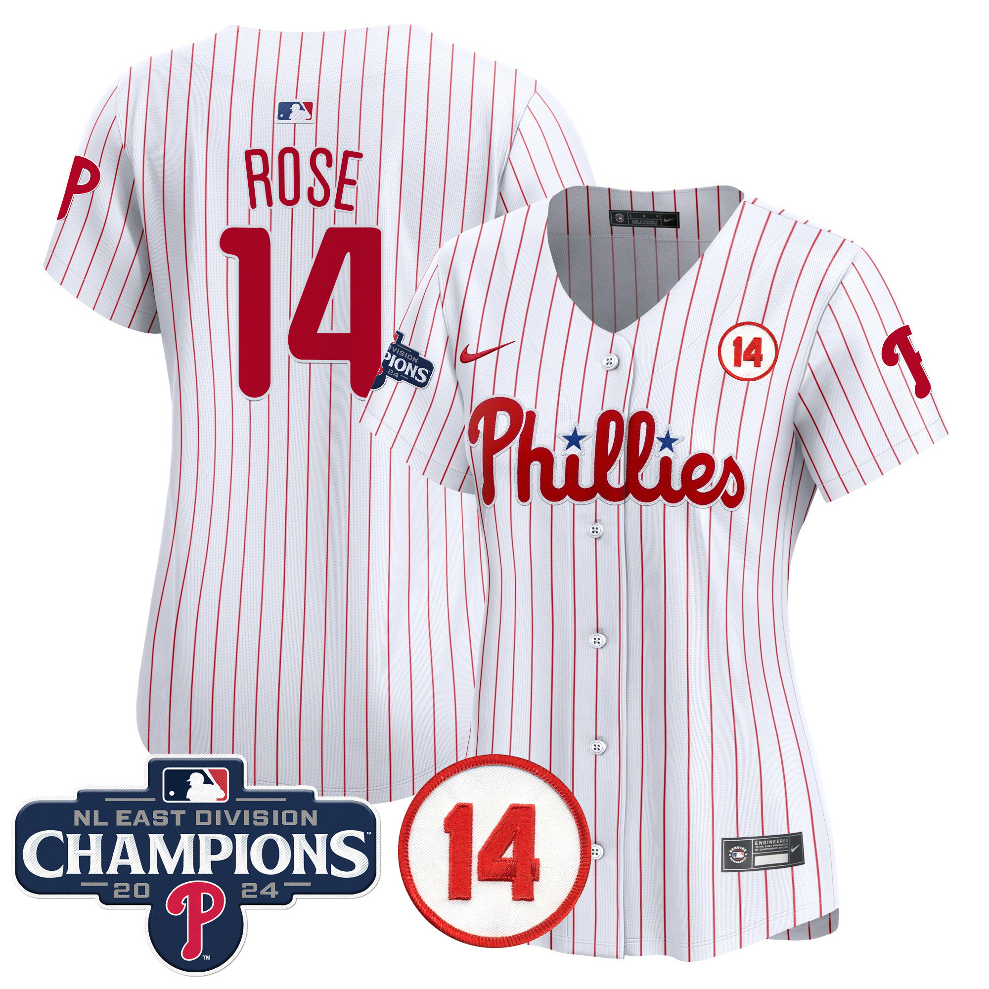 Women's Phillies 2024 NL East Division Champions & Pete Rose Patch Gold Vapor Premier Limited Jersey - All Stitched