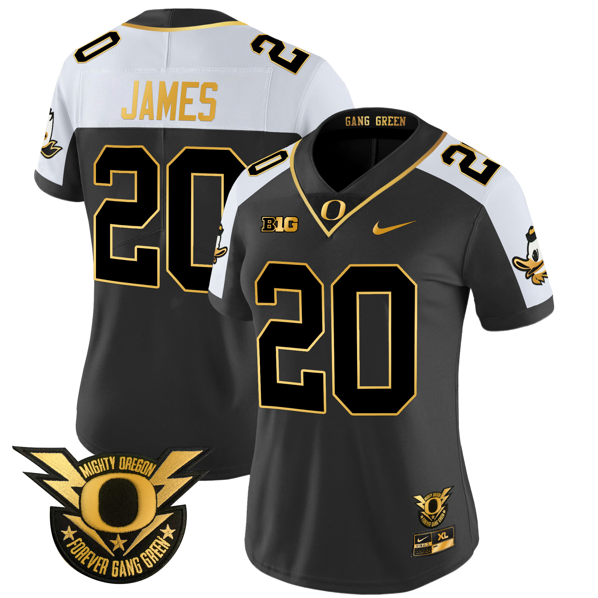 Women's Oregon Ducks 2024 Forever Gang Green & BIG Patch Gold Vapor Limited Jersey - All Stitched