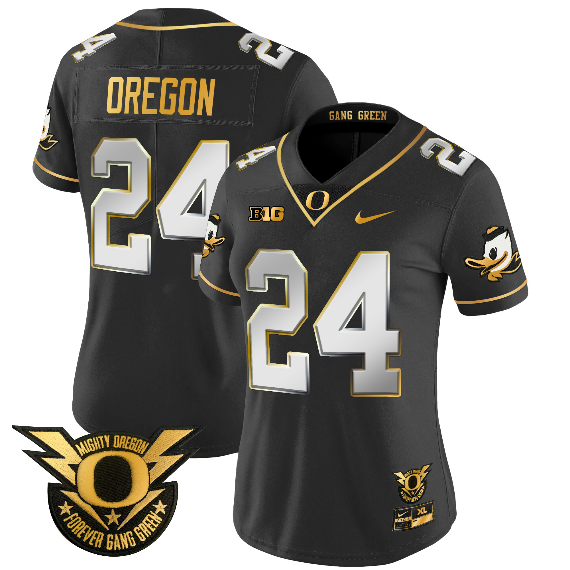 Women's Oregon Ducks 2024 Forever Gang Green & BIG Patch Gold Vapor Limited Jersey - All Stitched