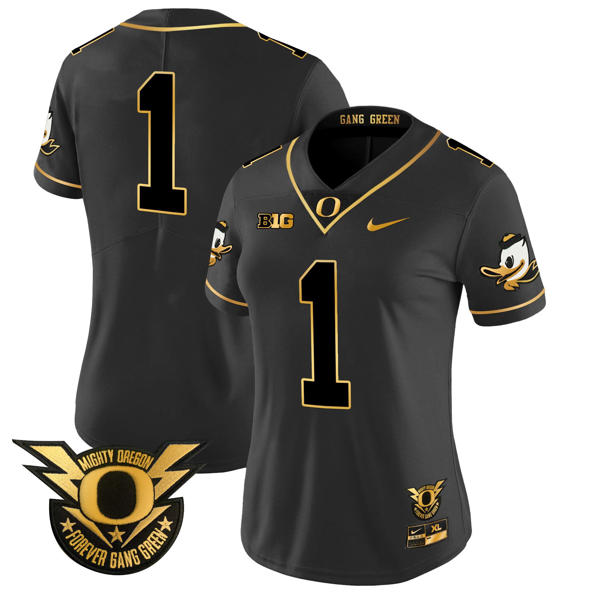 Women's Oregon Ducks 2024 Forever Gang Green & BIG Patch Gold Vapor Limited Jersey - All Stitched