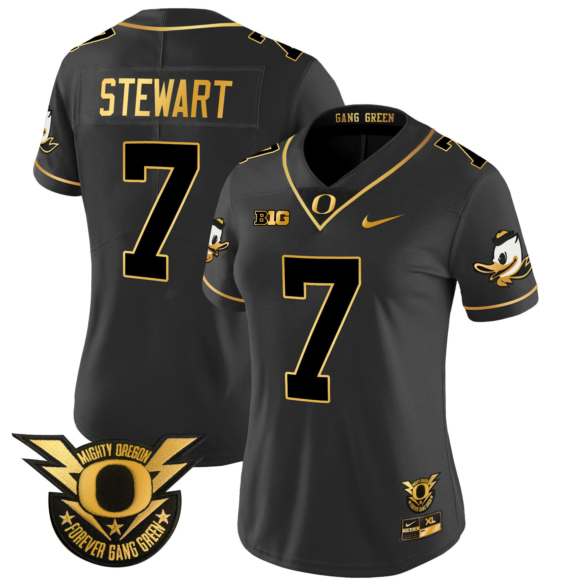 Women's Oregon Ducks 2024 Forever Gang Green & BIG Patch Gold Vapor Limited Jersey - All Stitched