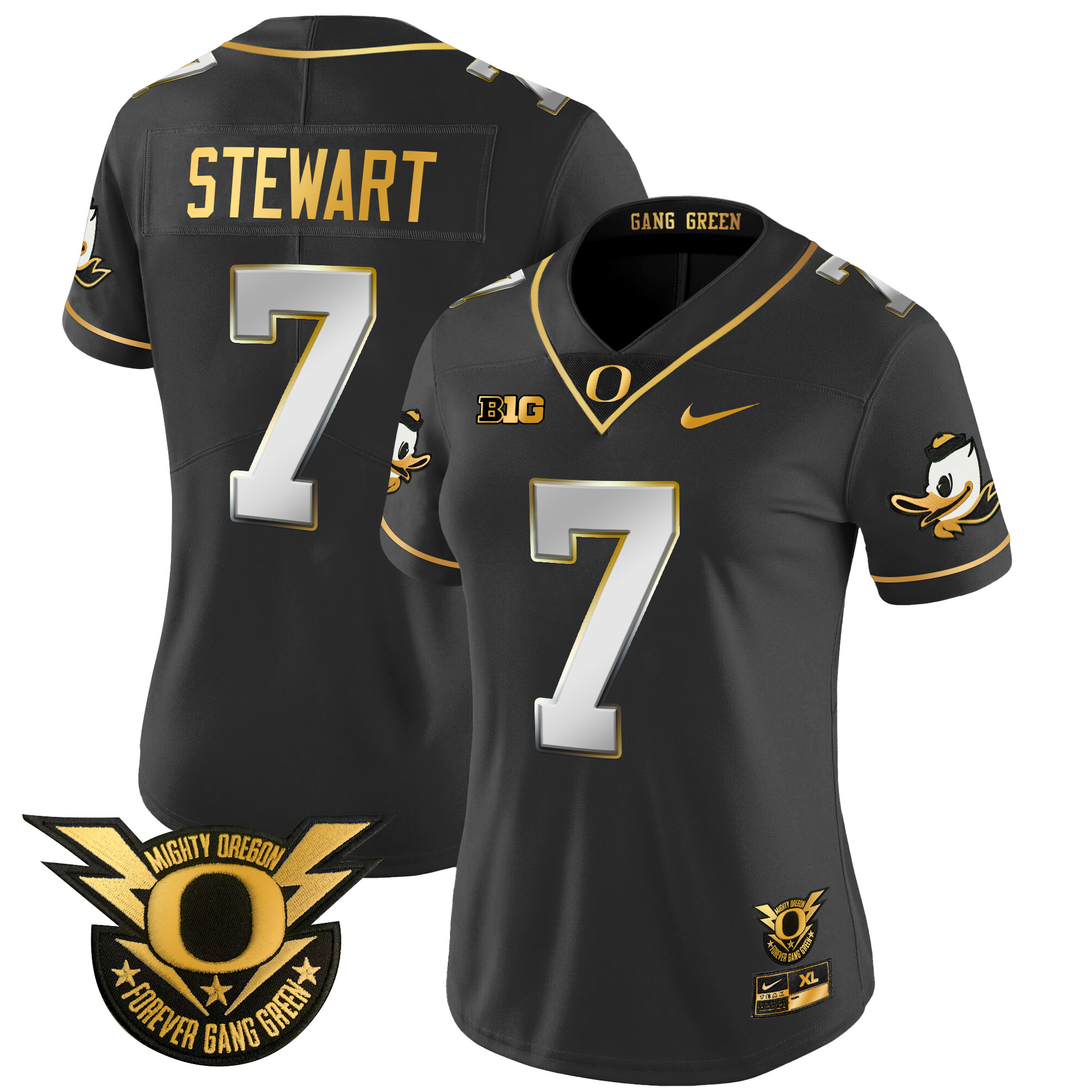 Women's Oregon Ducks 2024 Forever Gang Green & BIG Patch Gold Vapor Limited Jersey - All Stitched