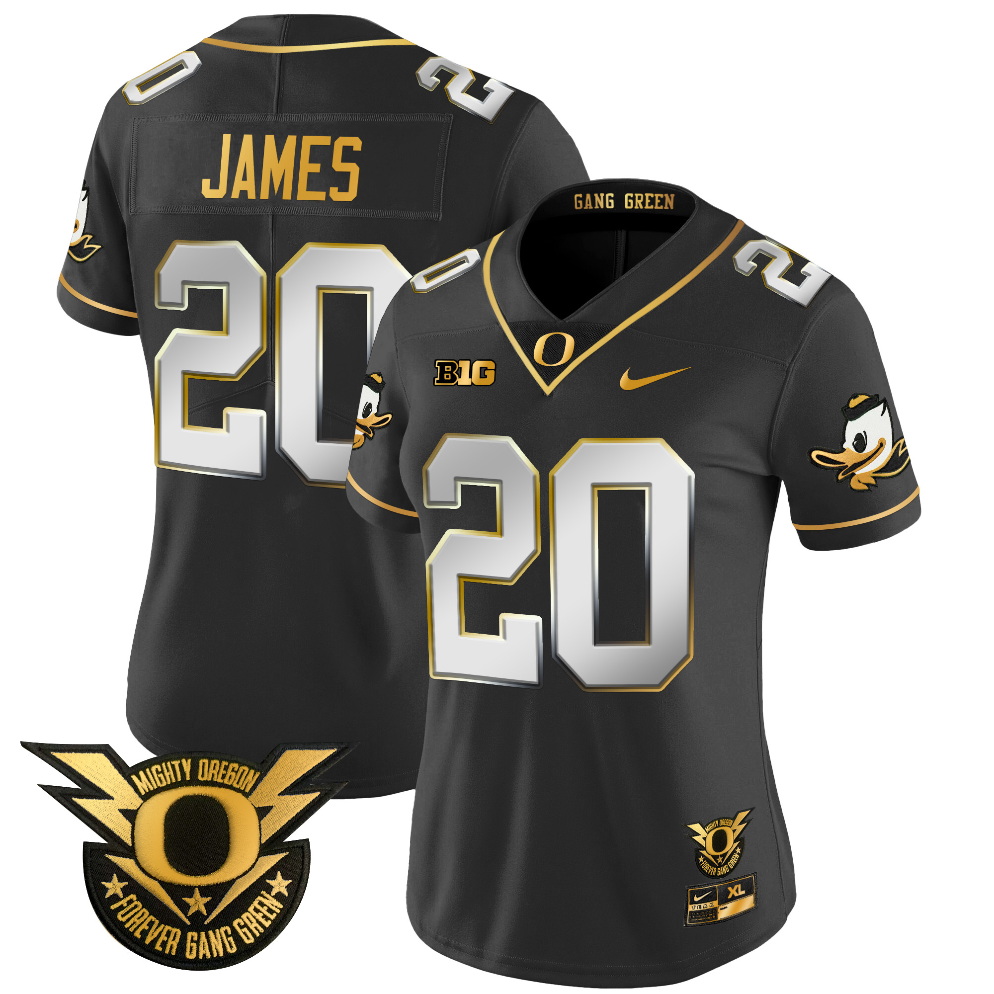 Women's Oregon Ducks 2024 Forever Gang Green & BIG Patch Gold Vapor Limited Jersey - All Stitched