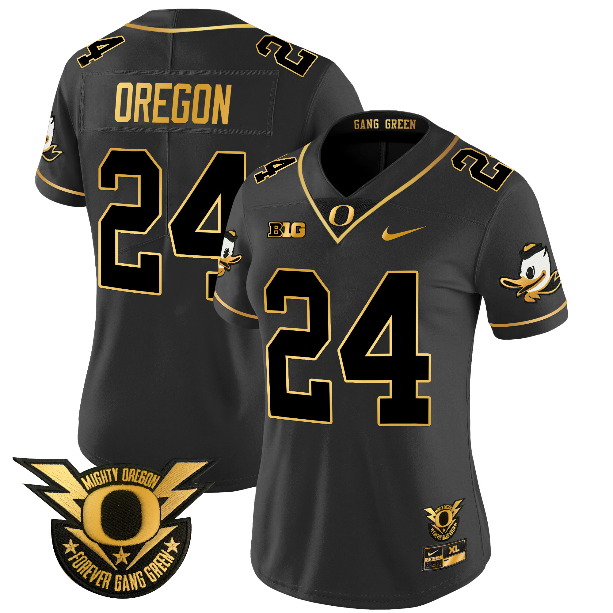 Women's Oregon Ducks 2024 Forever Gang Green & BIG Patch Gold Vapor Limited Jersey - All Stitched