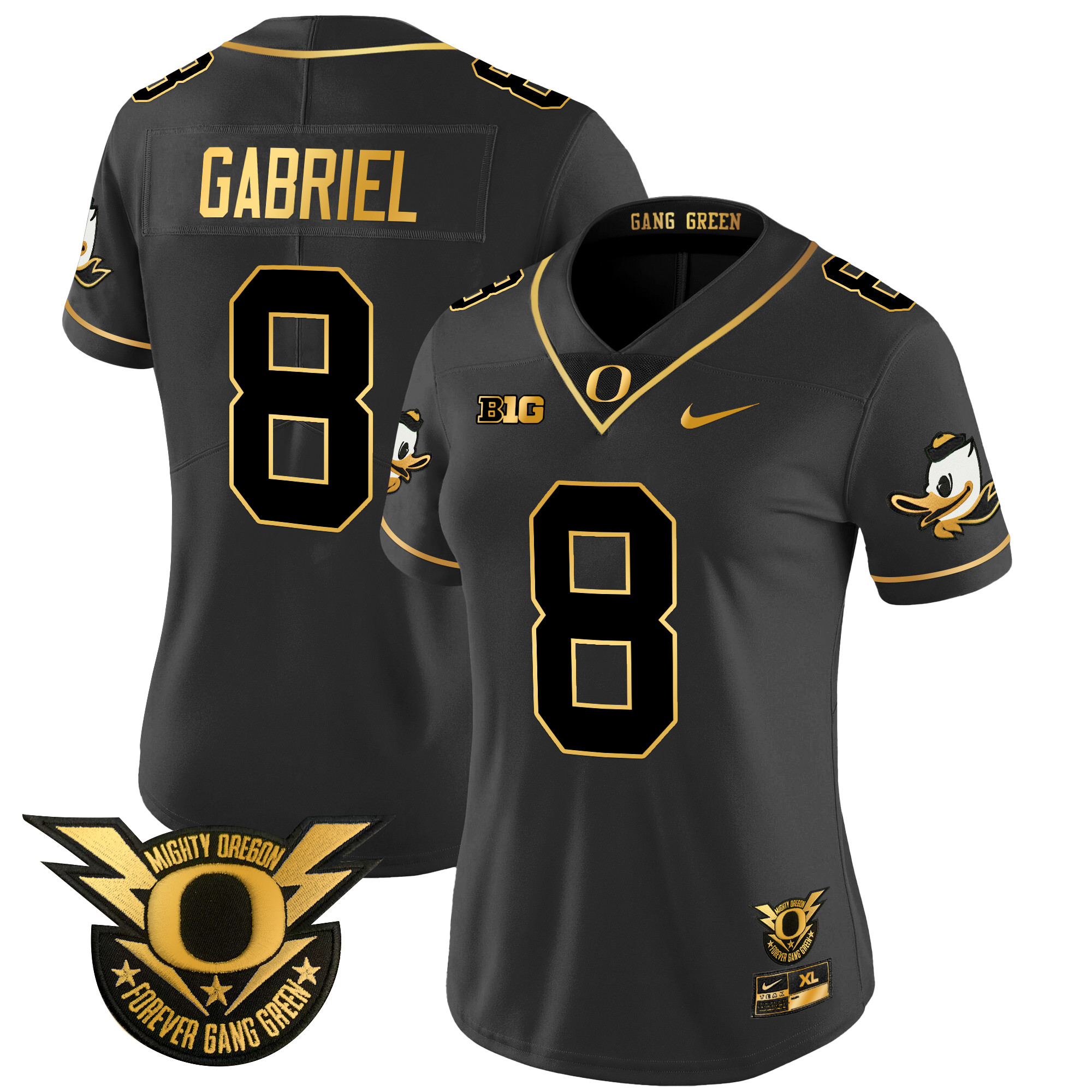 Women's Oregon Ducks 2024 Forever Gang Green & BIG Patch Gold Vapor Limited Jersey - All Stitched