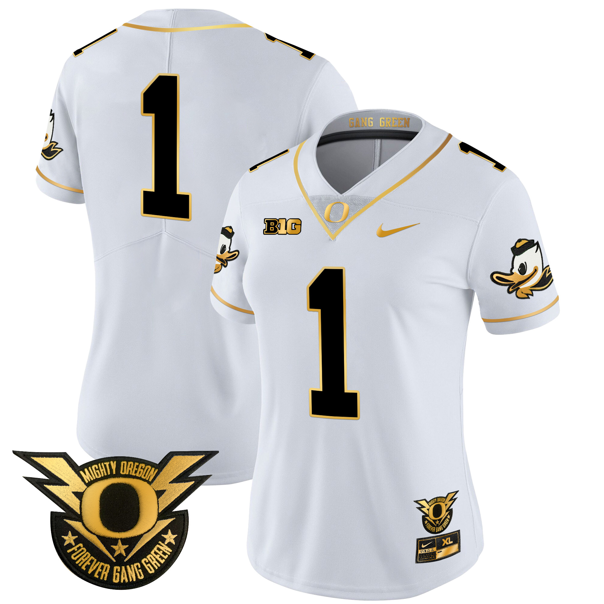 Women's Oregon Ducks 2024 Forever Gang Green & BIG Patch Gold Vapor Limited Jersey - All Stitched