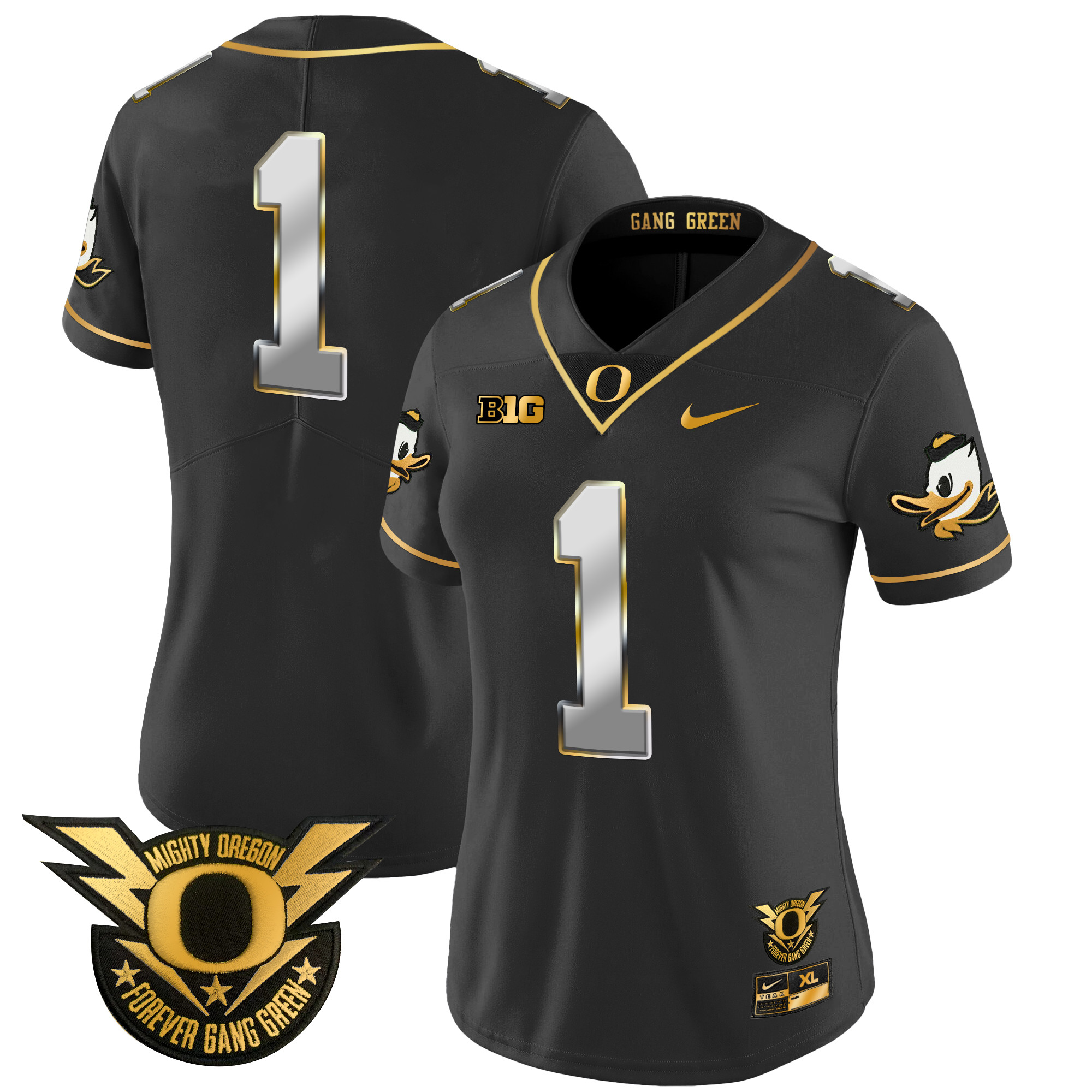 Women's Oregon Ducks 2024 Forever Gang Green & BIG Patch Gold Vapor Limited Jersey - All Stitched