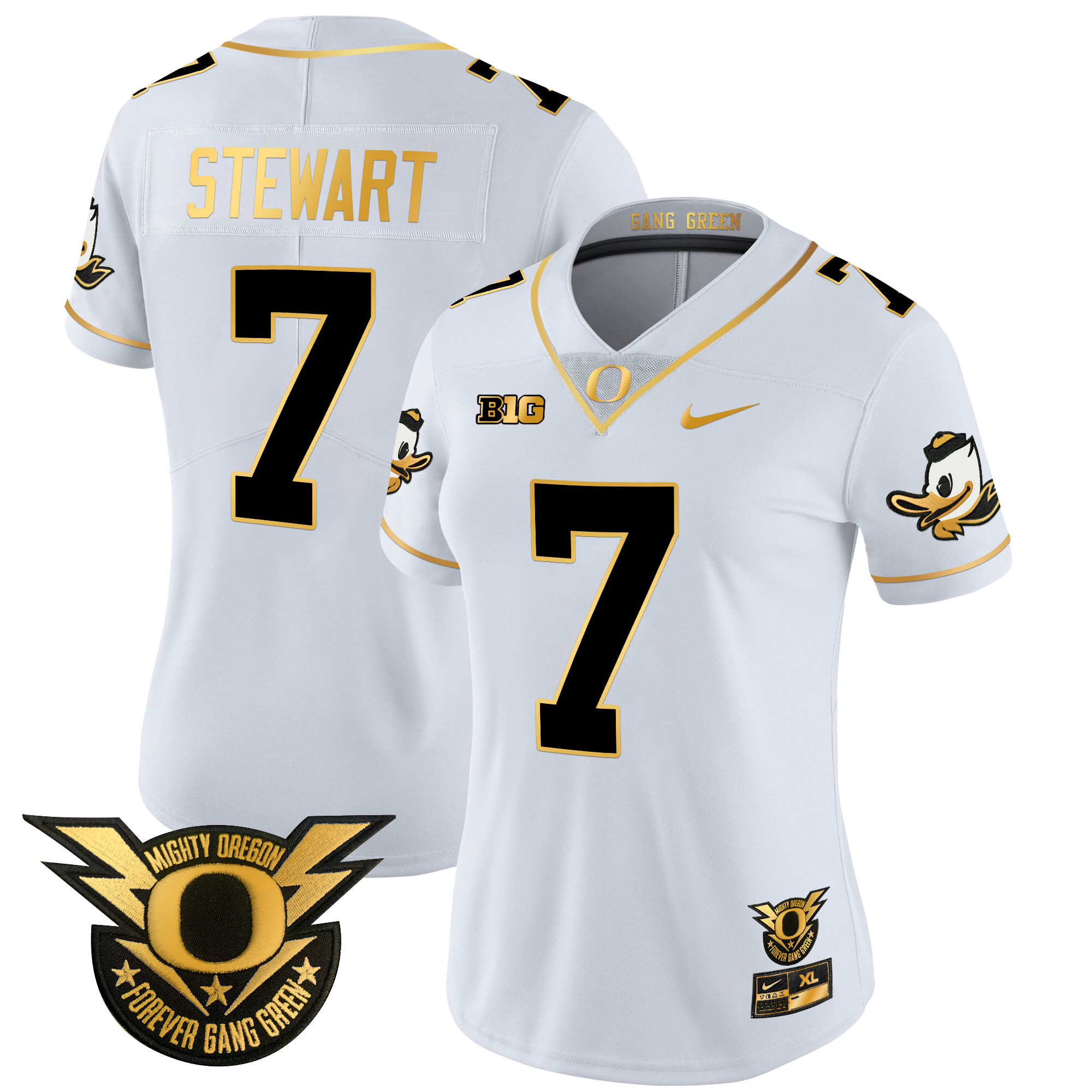 Women's Oregon Ducks 2024 Forever Gang Green & BIG Patch Gold Vapor Limited Jersey - All Stitched