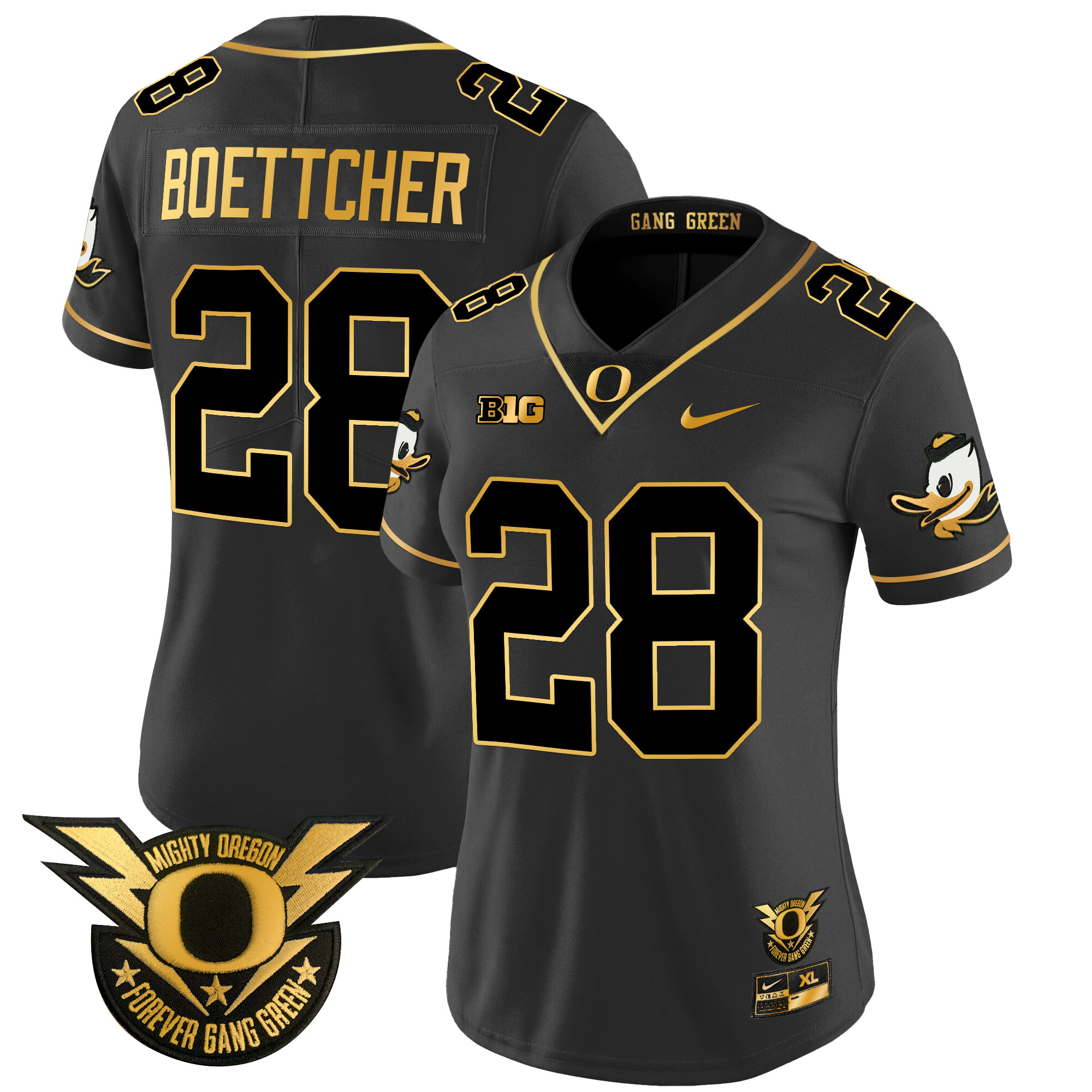 Women's Oregon Ducks 2024 Forever Gang Green & BIG Patch Gold Vapor Limited Jersey - All Stitched