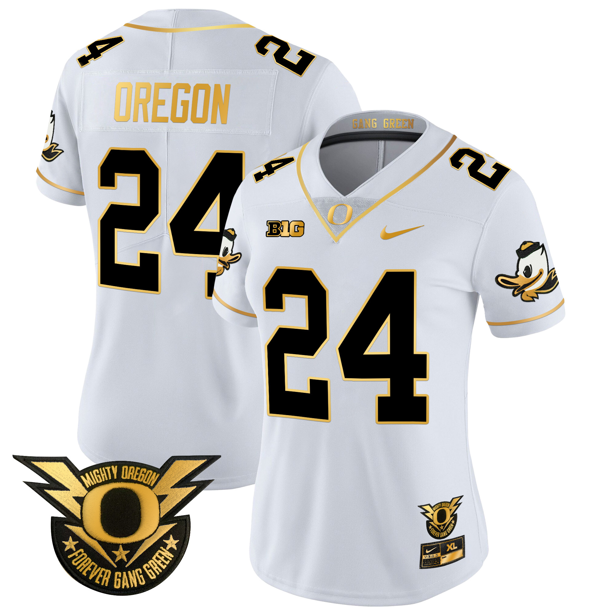 Women's Oregon Ducks 2024 Forever Gang Green & BIG Patch Gold Vapor Limited Jersey - All Stitched