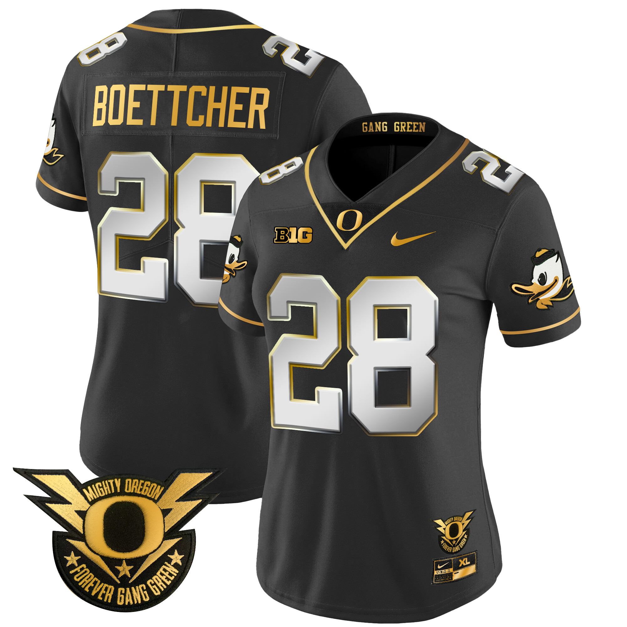 Women's Oregon Ducks 2024 Forever Gang Green & BIG Patch Gold Vapor Limited Jersey - All Stitched