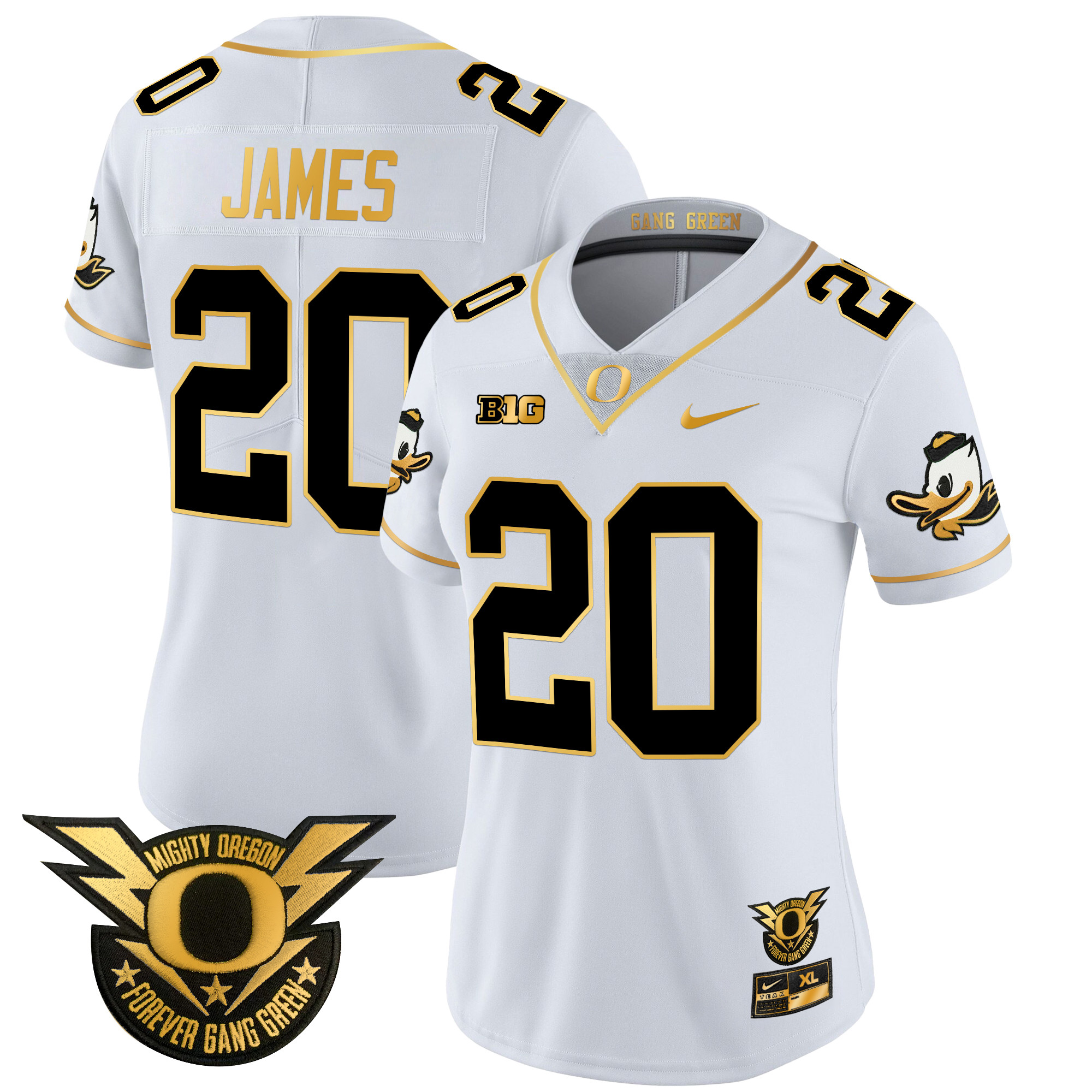 Women's Oregon Ducks 2024 Forever Gang Green & BIG Patch Gold Vapor Limited Jersey - All Stitched