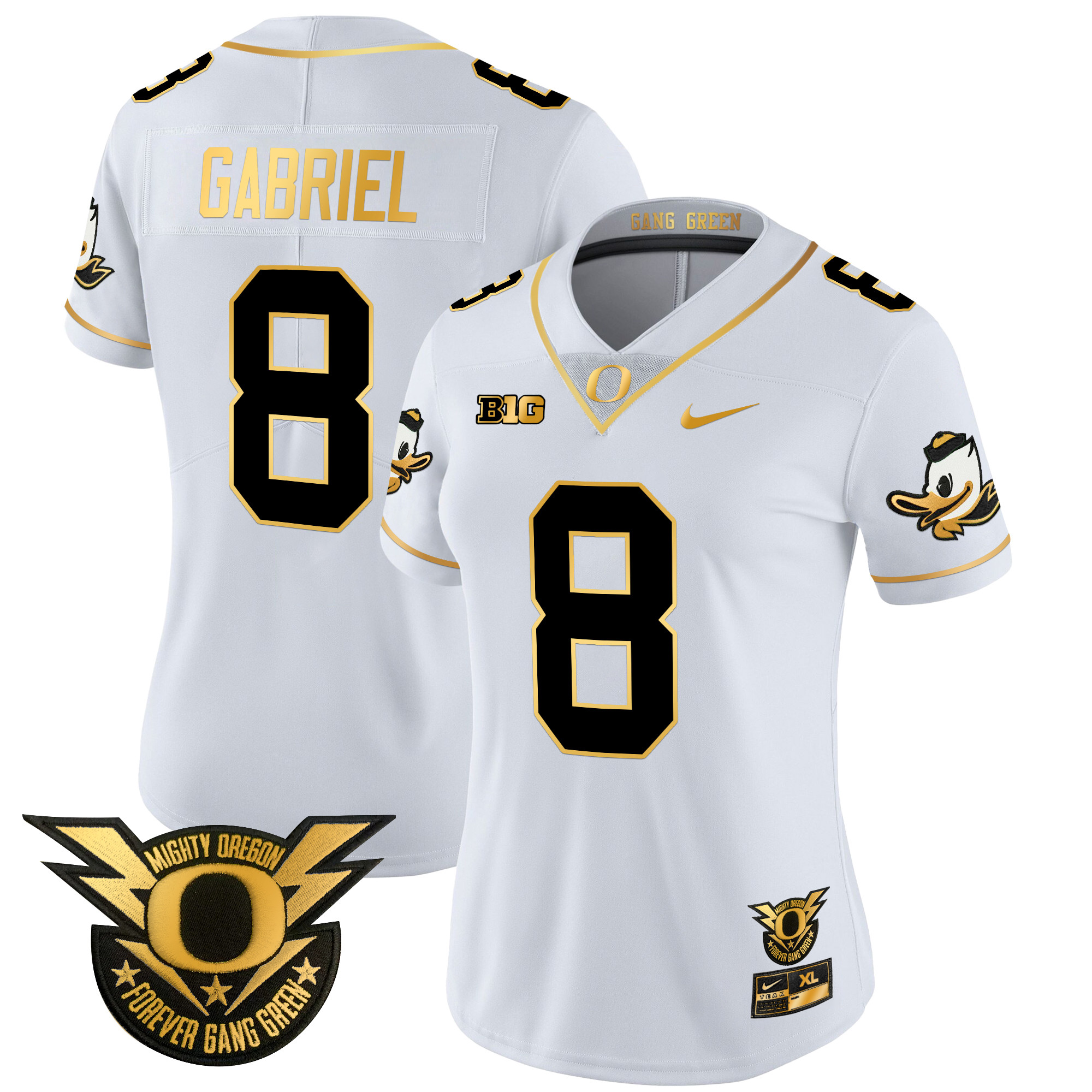 Women's Oregon Ducks 2024 Forever Gang Green & BIG Patch Gold Vapor Limited Jersey - All Stitched