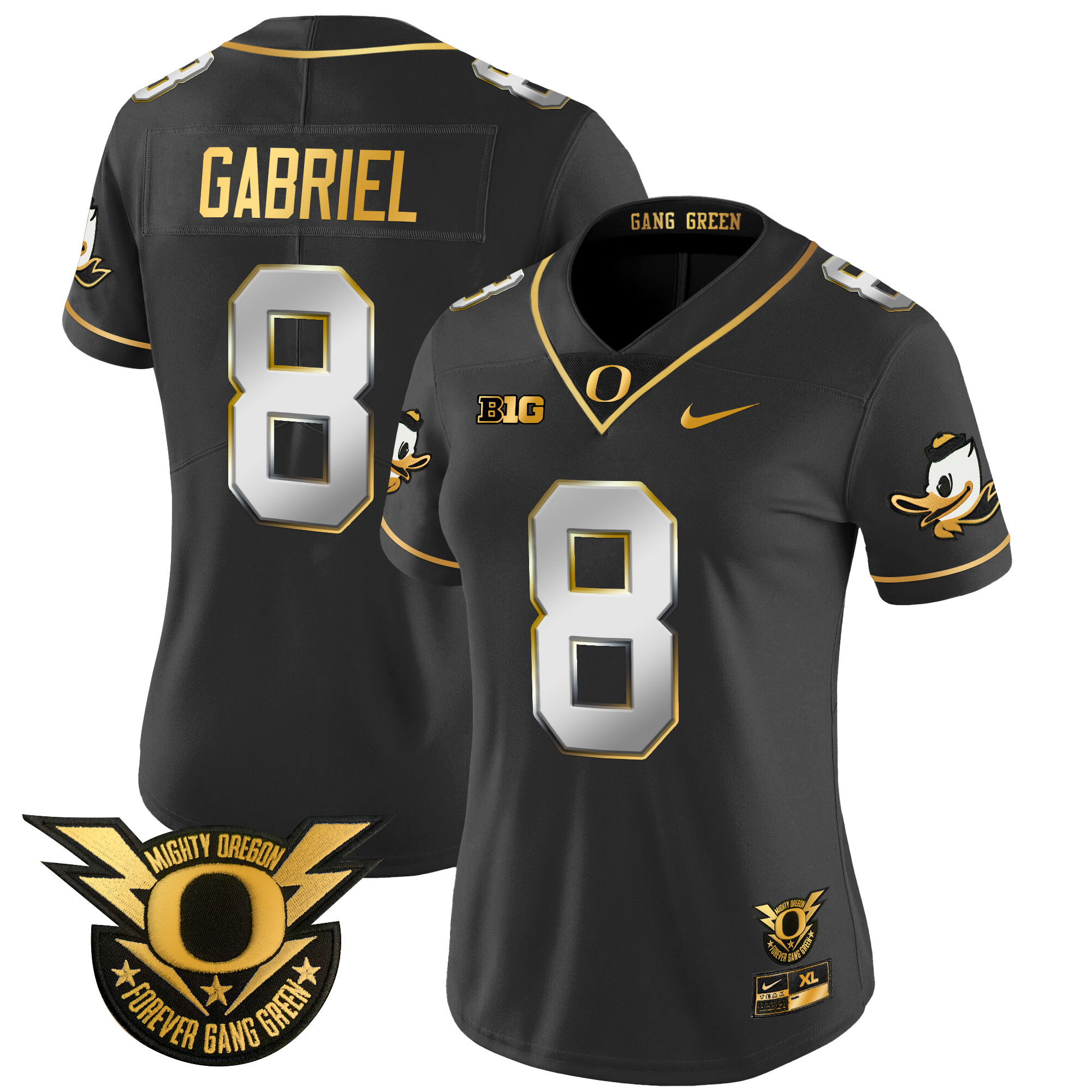 Women's Oregon Ducks 2024 Forever Gang Green & BIG Patch Gold Vapor Limited Jersey - All Stitched