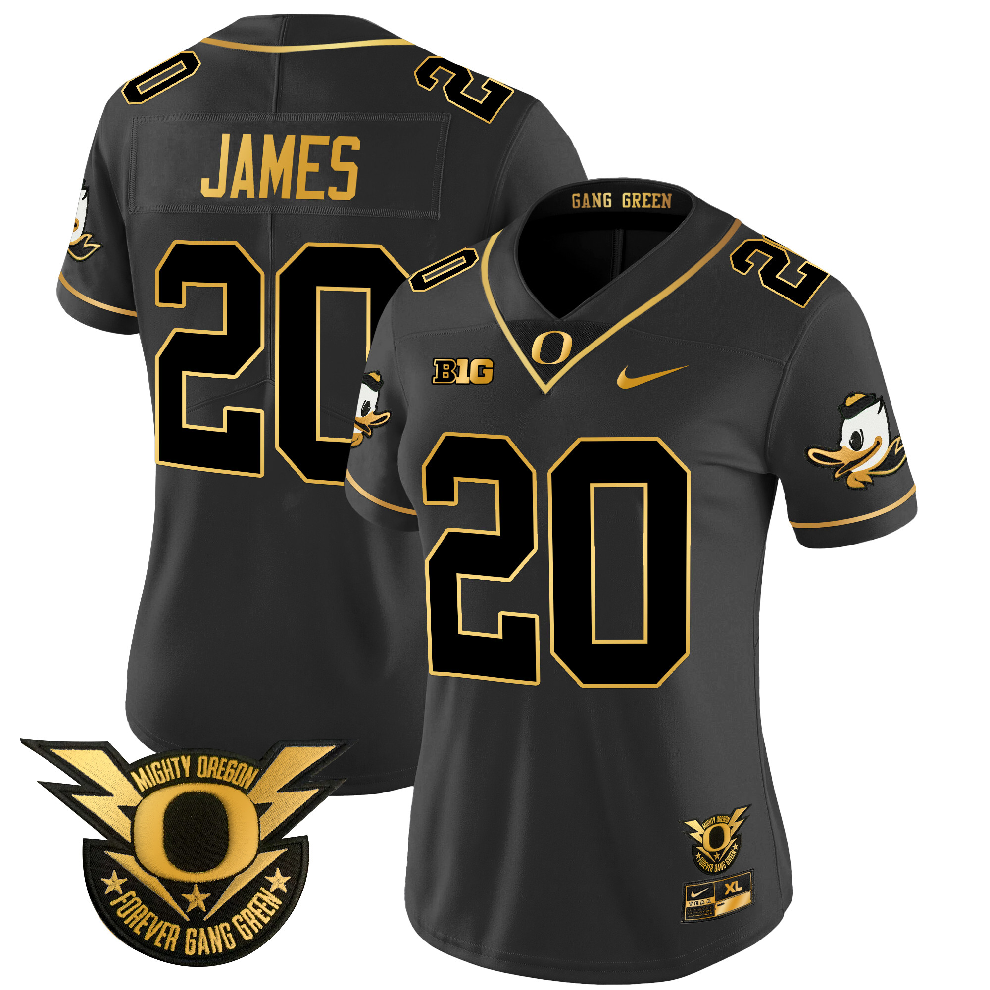 Women's Oregon Ducks 2024 Forever Gang Green & BIG Patch Gold Vapor Limited Jersey - All Stitched