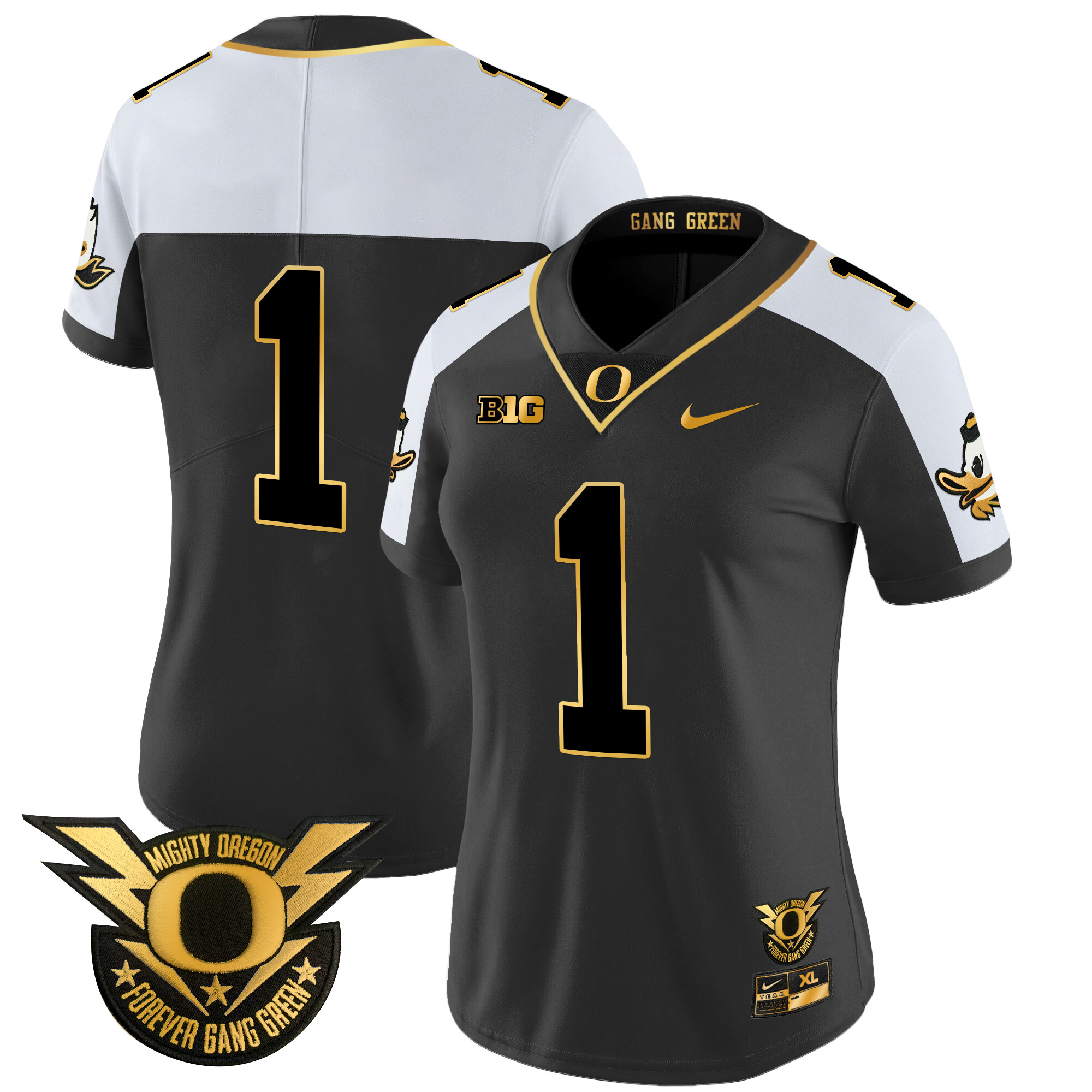 Women's Oregon Ducks 2024 Forever Gang Green & BIG Patch Gold Vapor Limited Jersey - All Stitched