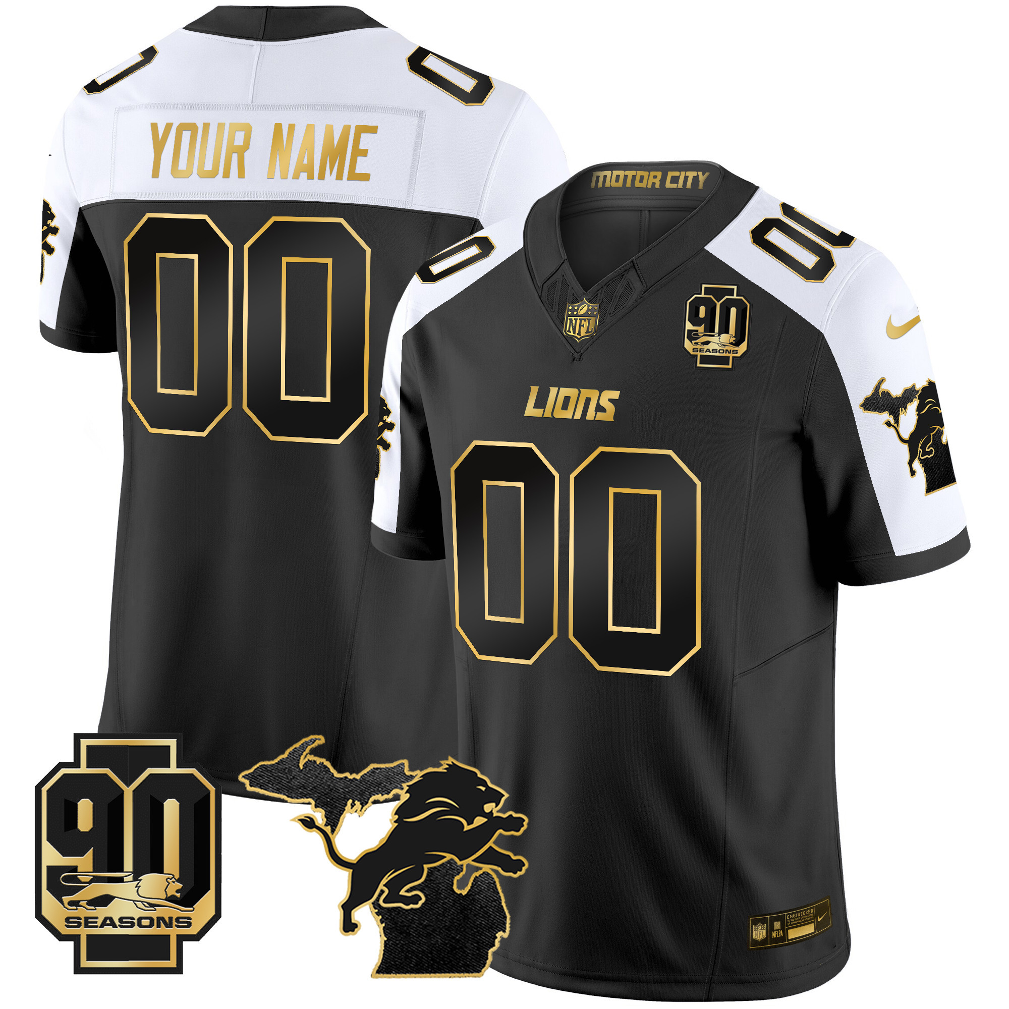 Detroit Lions 2025 Michigan & 90th Season Patch Gold Vapor Limited Custom Jersey - All Stitched