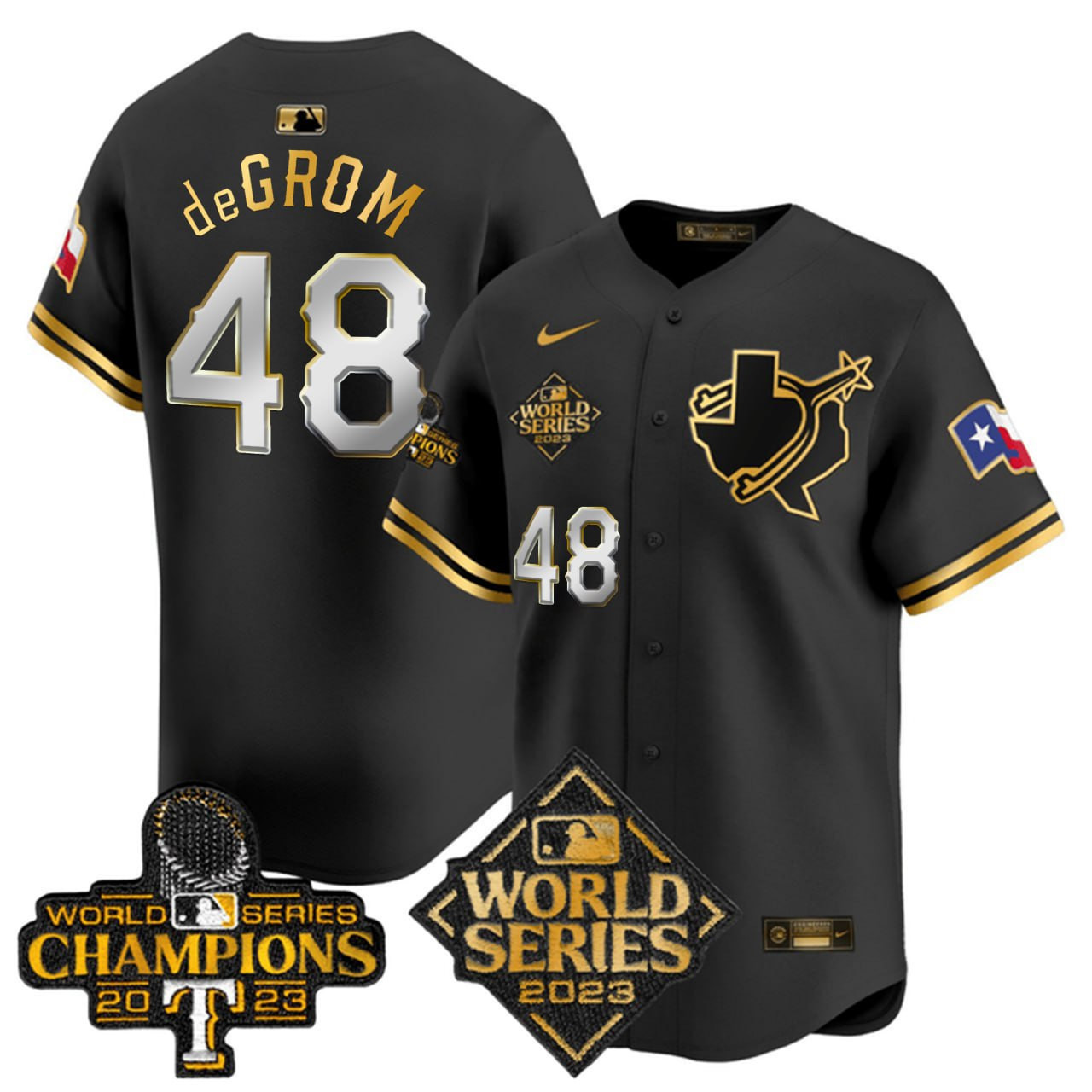 Jacob deGrom Texas Rangers 2023 World Series Champions Black Gold Limited Jersey - All Stitched