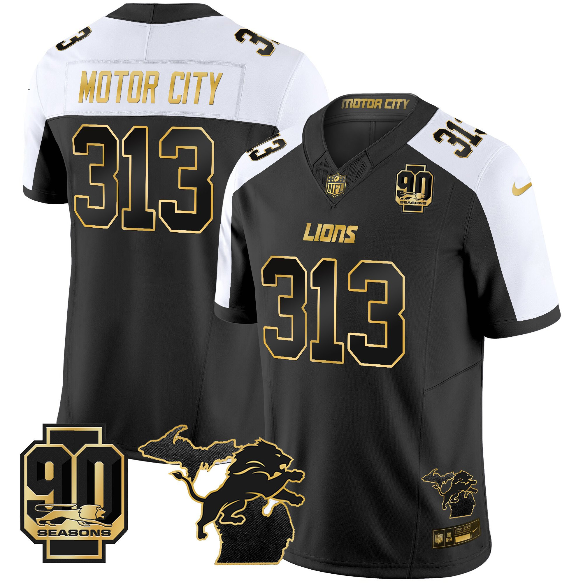 Men's Detroit Lions 2025 Michigan & 90th Season Patch Gold Vapor Limited Jersey - All Stitched