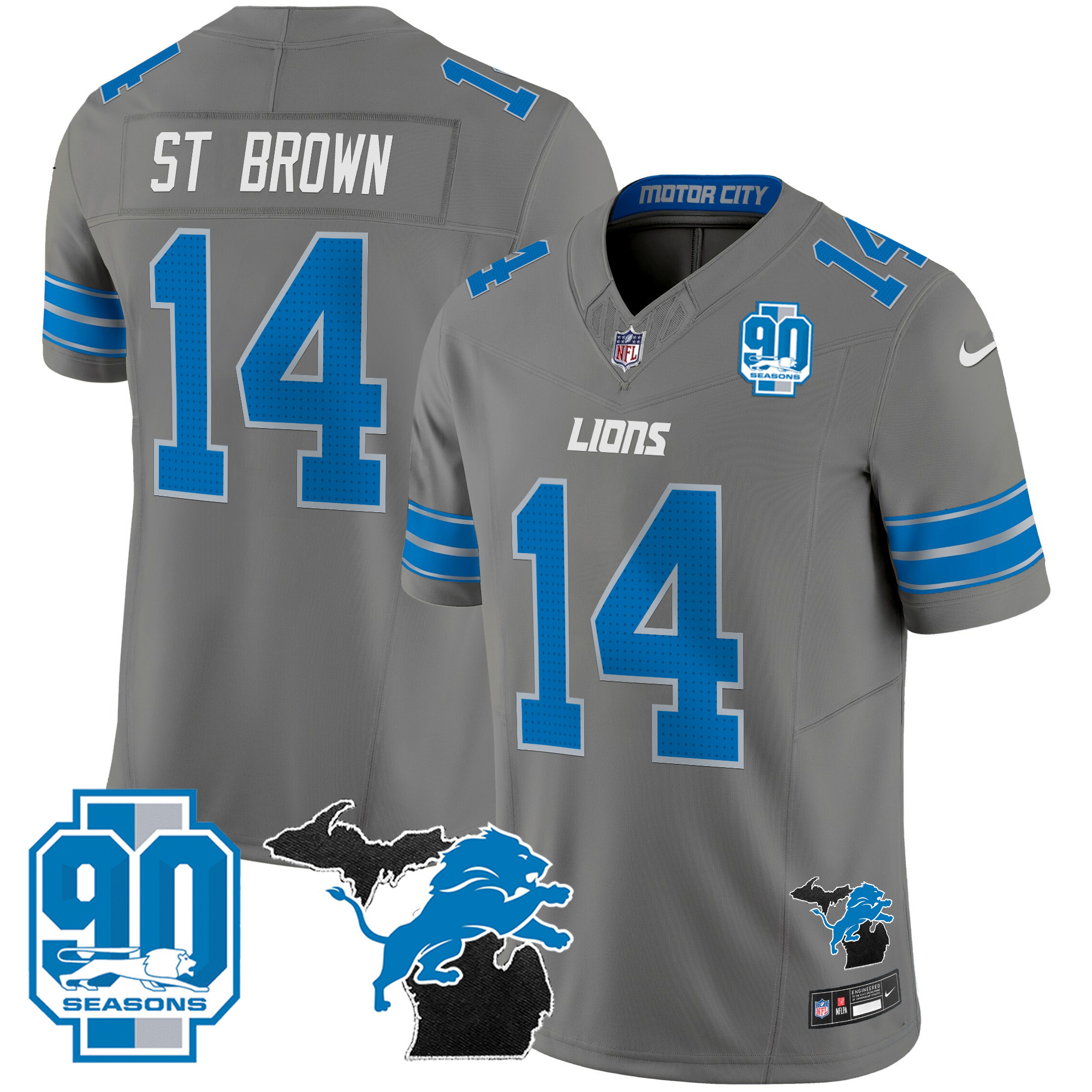 Men's Detroit Lions 2025 Michigan & 90th Year Patch Vapor Jersey - All Stitched