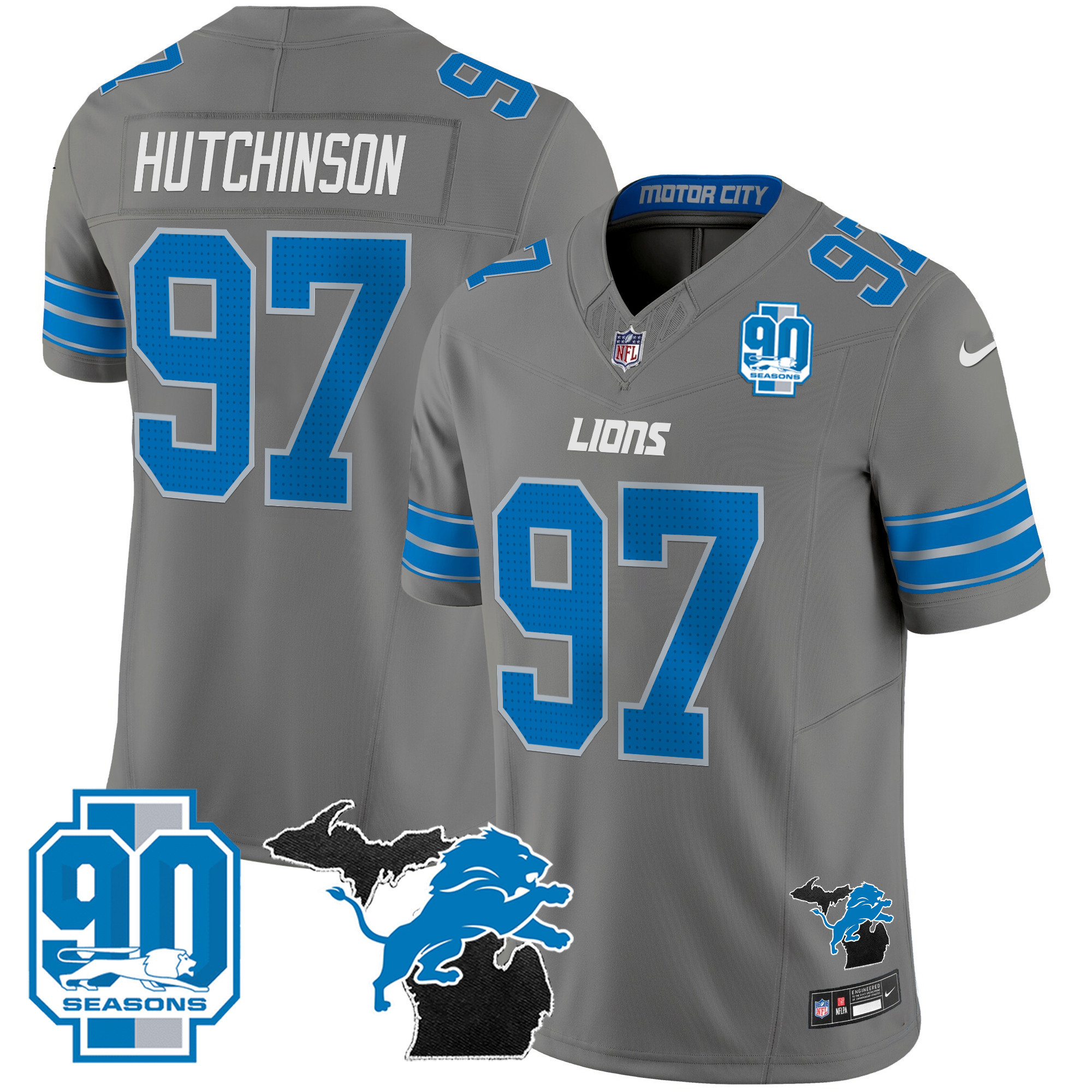 Men's Detroit Lions 2025 Michigan & 90th Year Patch Vapor Jersey - All Stitched