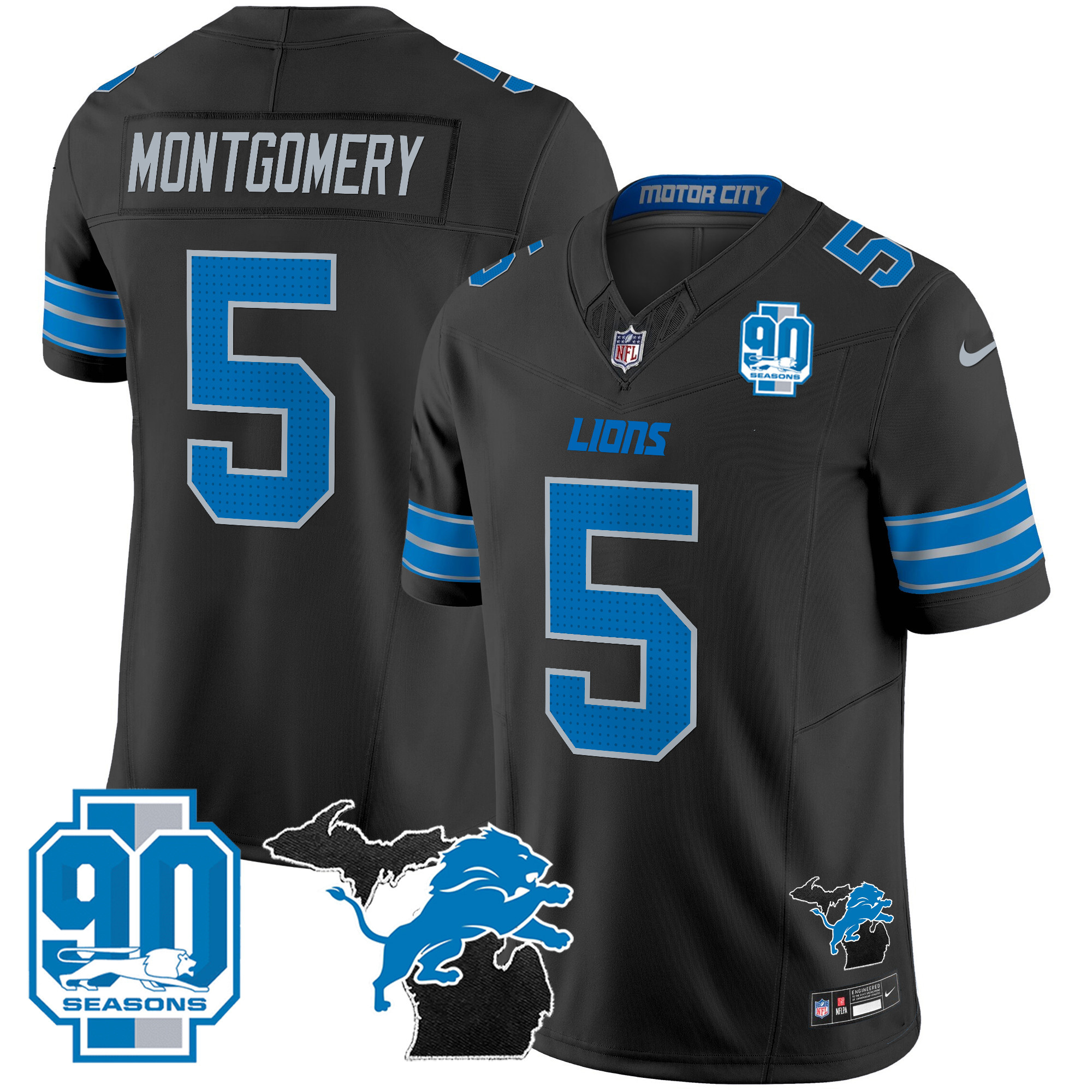 Men's Detroit Lions 2025 Michigan & 90th Year Patch Vapor Jersey - All Stitched
