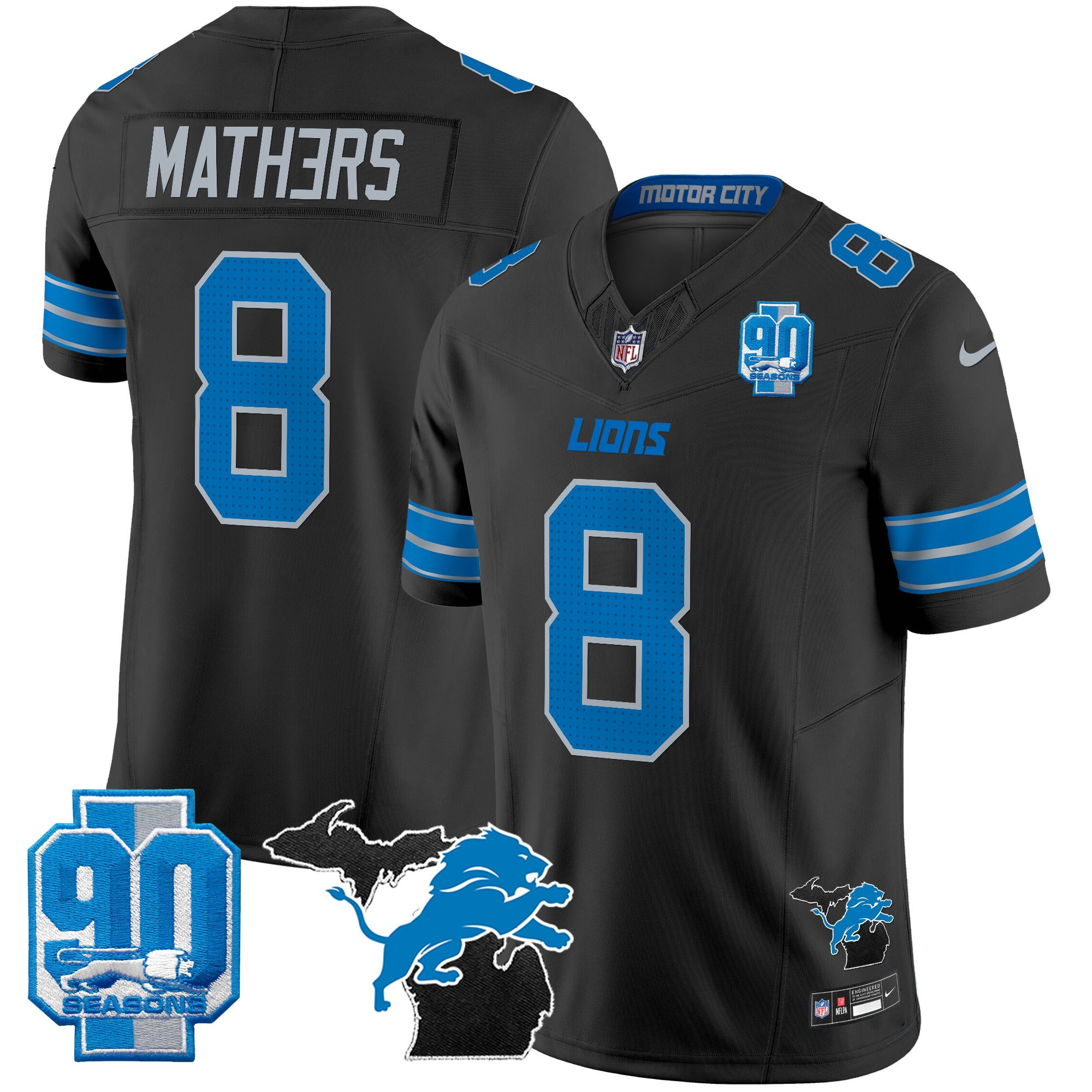 Men's Detroit Lions 2025 Michigan & 90th Year Patch Vapor Jersey - All Stitched