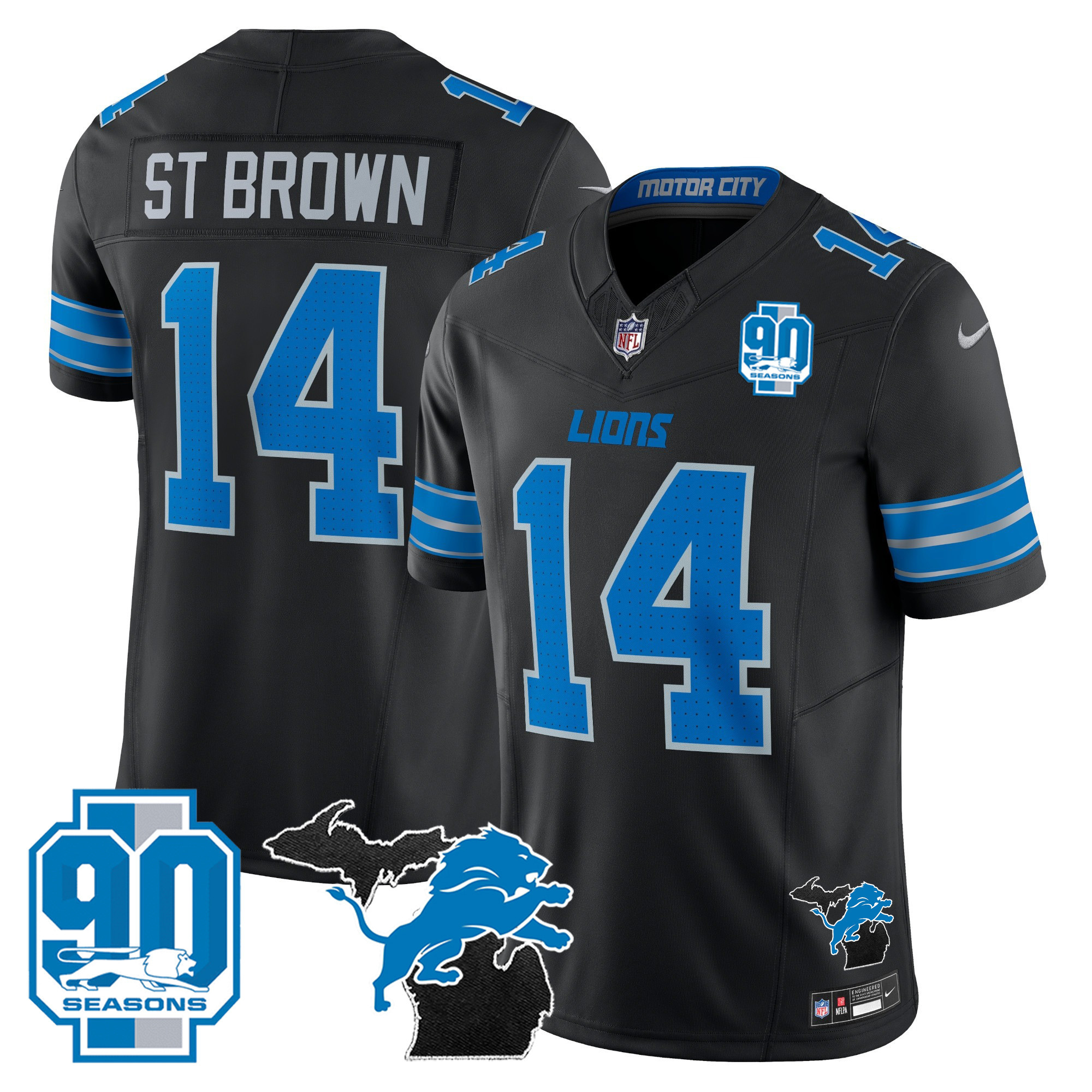 Men's Detroit Lions 2025 Michigan & 90th Year Patch Vapor Jersey - All Stitched