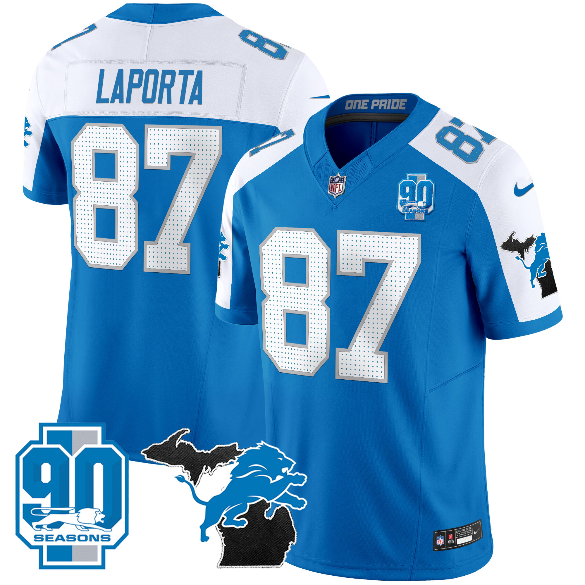 Men's Detroit Lions 2025 Michigan & 90th Year Patch Vapor Jersey - All Stitched