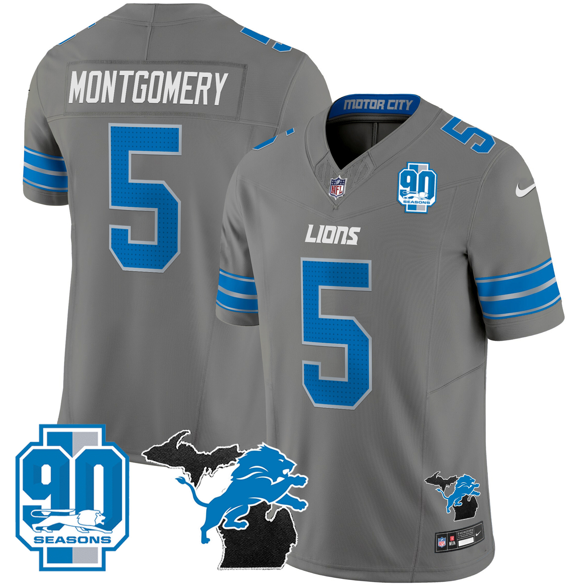 Men's Detroit Lions 2025 Michigan & 90th Year Patch Vapor Jersey - All Stitched
