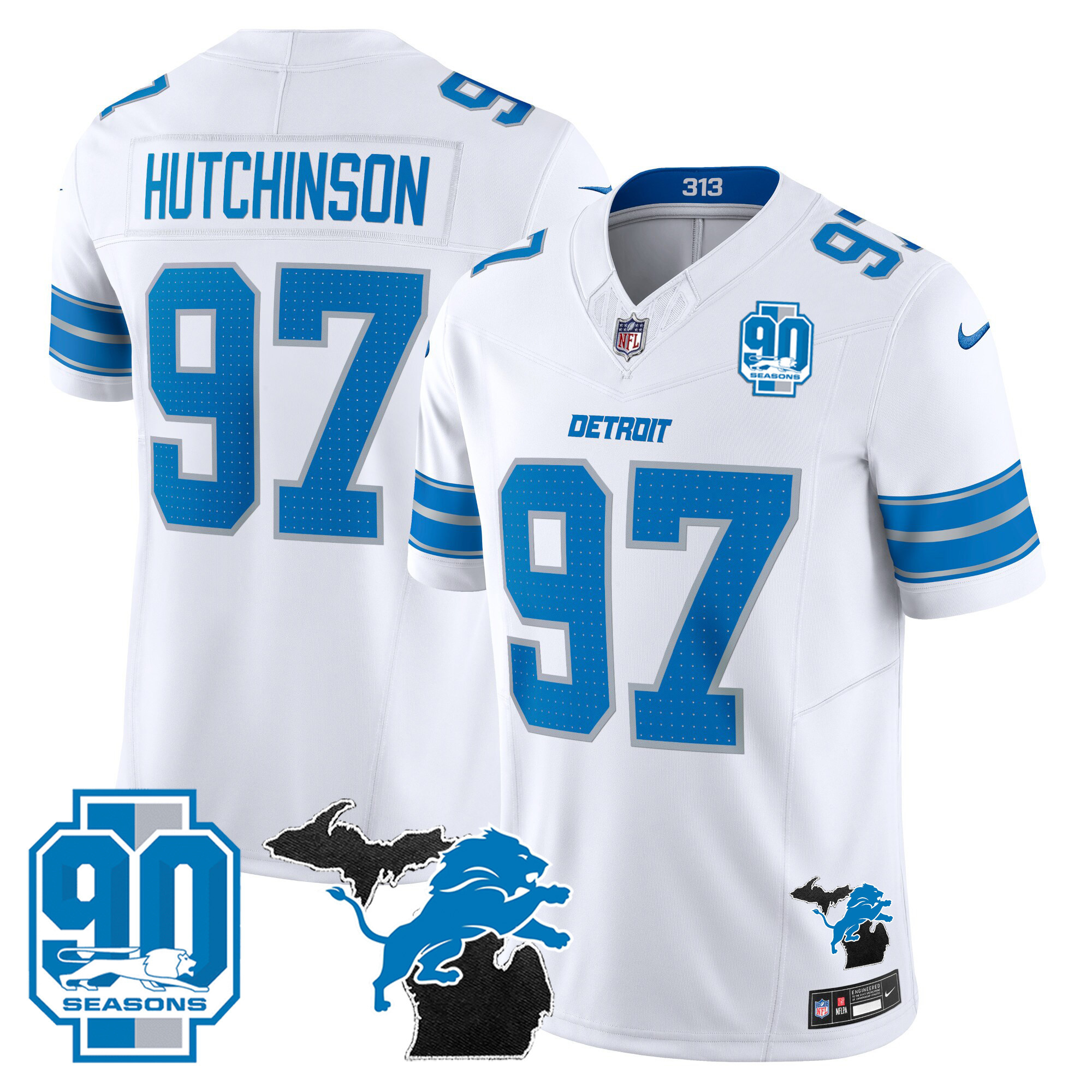 Men's Detroit Lions 2025 Michigan & 90th Year Patch Vapor Jersey - All Stitched