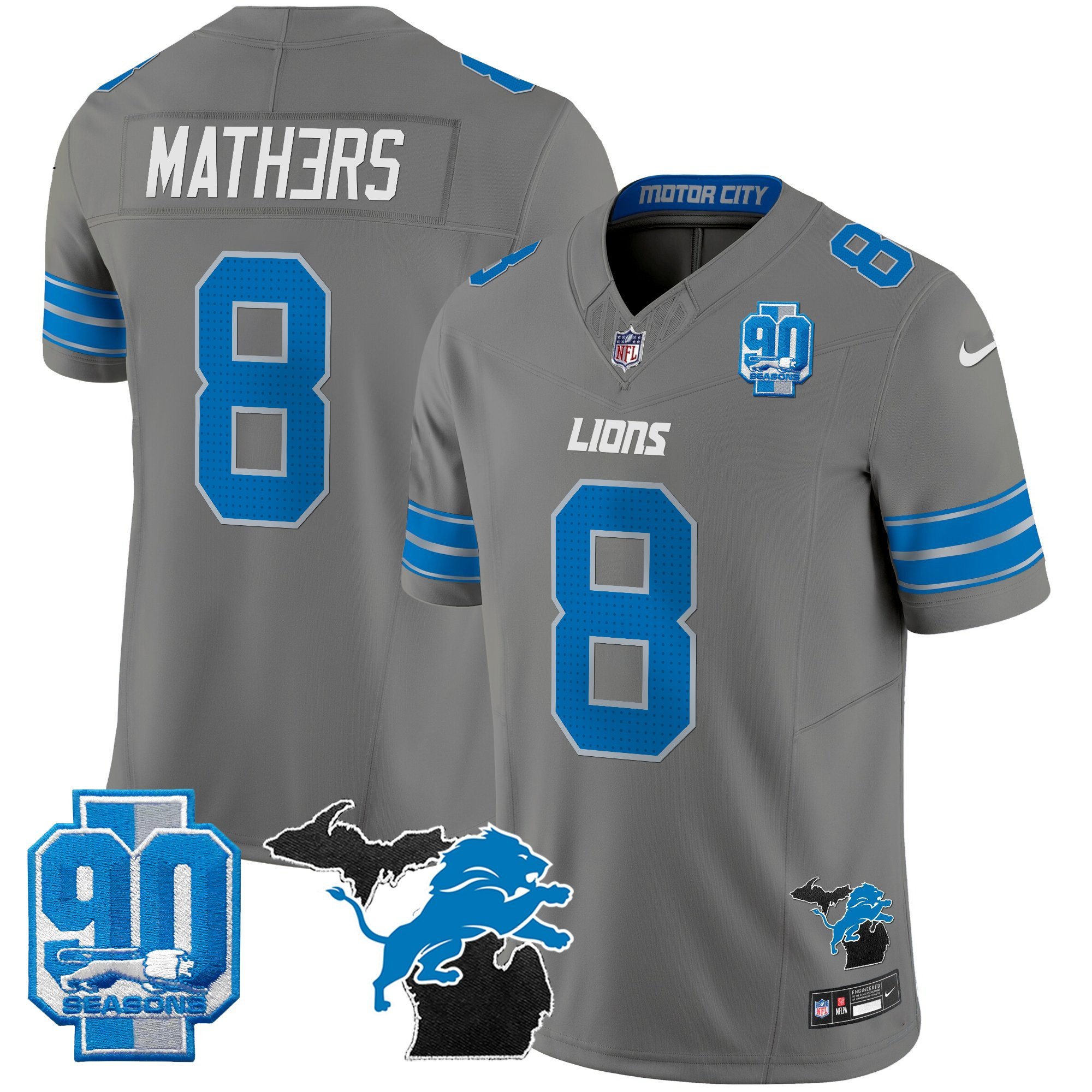 Men's Detroit Lions 2025 Michigan & 90th Year Patch Vapor Jersey - All Stitched