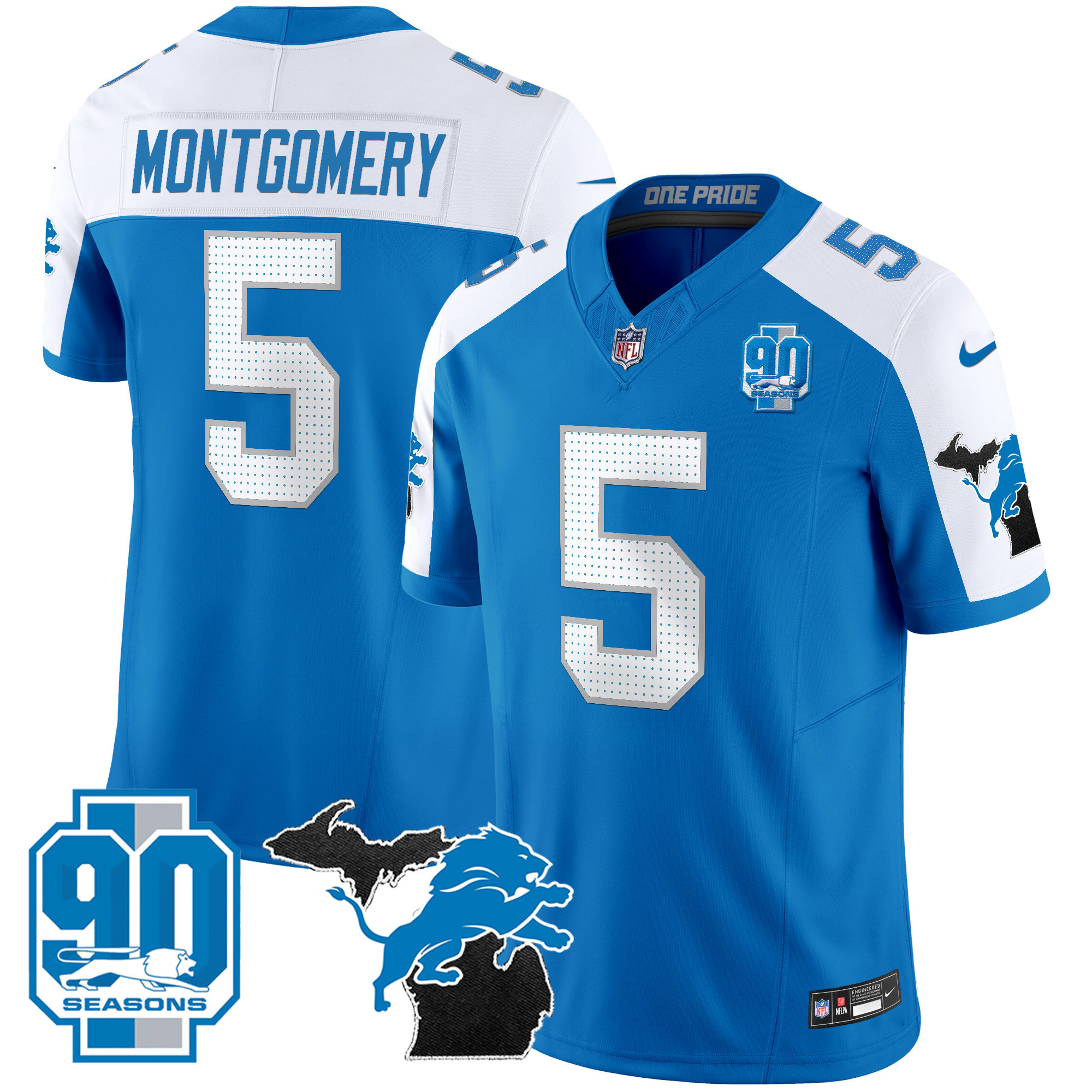Men's Detroit Lions 2025 Michigan & 90th Year Patch Vapor Jersey - All Stitched