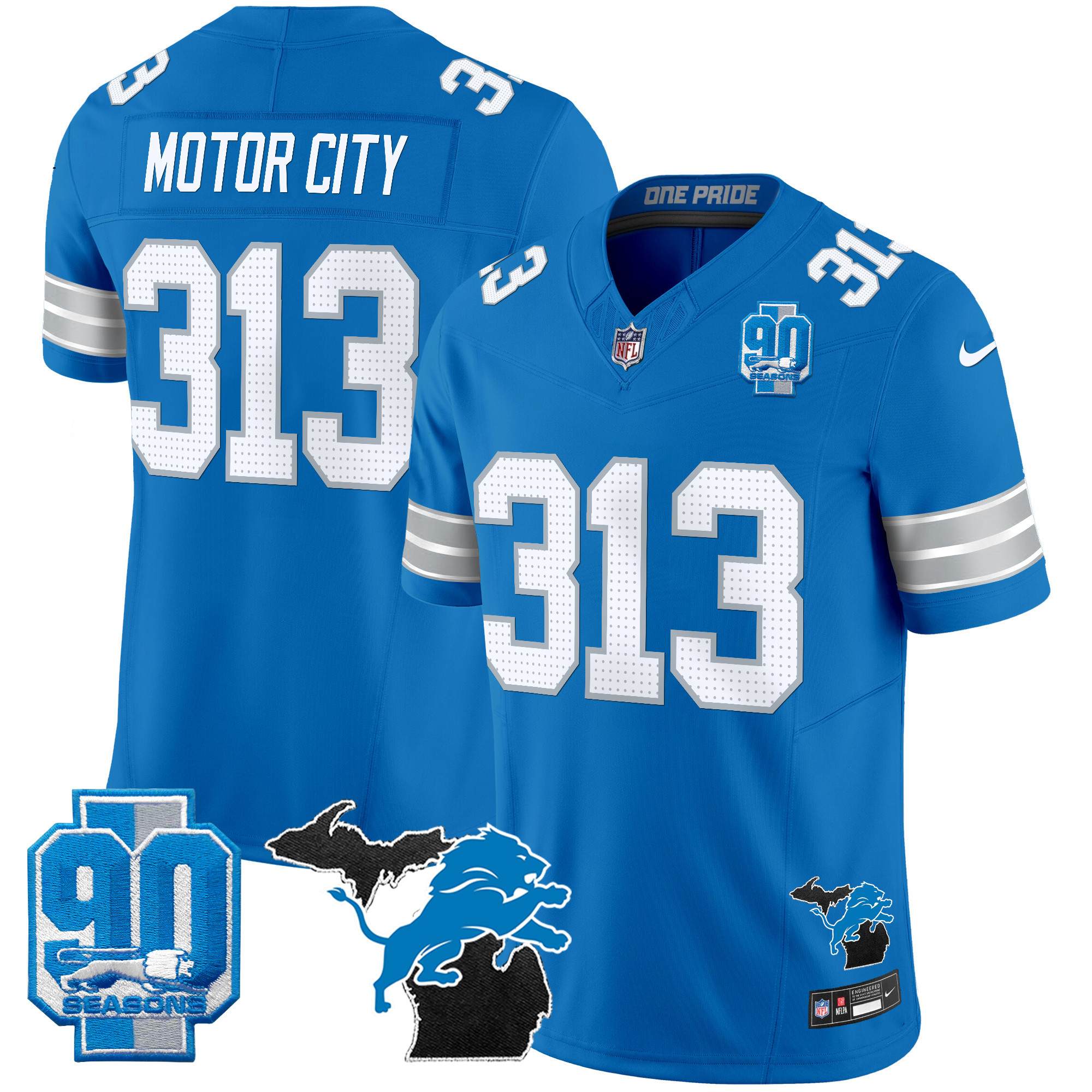 Men's Detroit Lions 2025 Michigan & 90th Year Patch Vapor Jersey - All Stitched