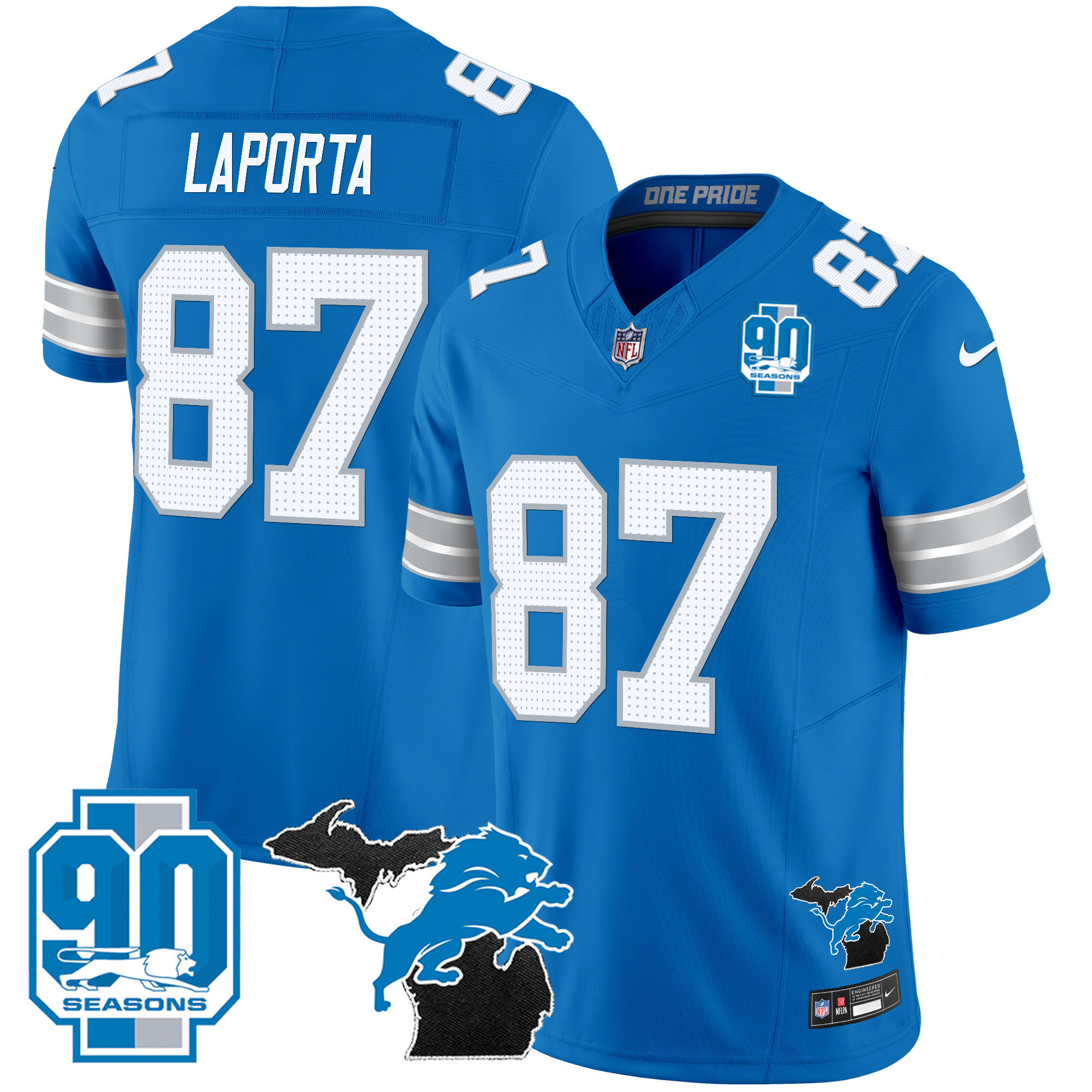 Men's Detroit Lions 2025 Michigan & 90th Year Patch Vapor Jersey - All Stitched