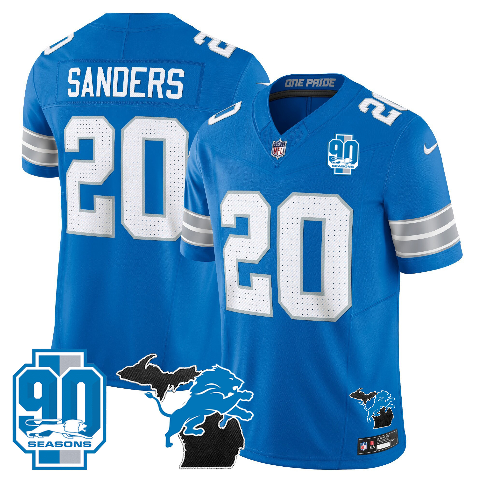 Men's Detroit Lions 2025 Michigan & 90th Year Patch Vapor Jersey - All Stitched