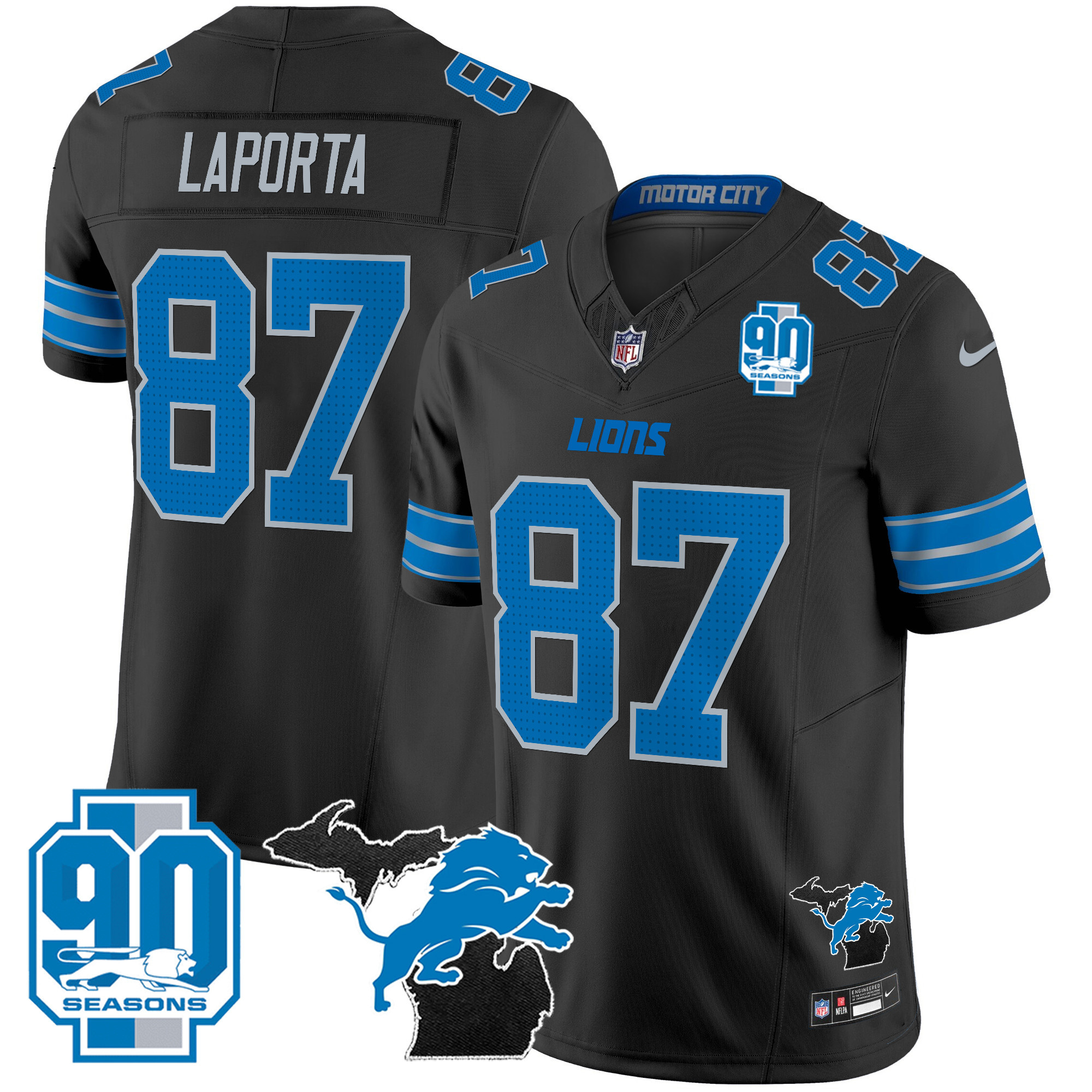 Men's Detroit Lions 2025 Michigan & 90th Year Patch Vapor Jersey - All Stitched