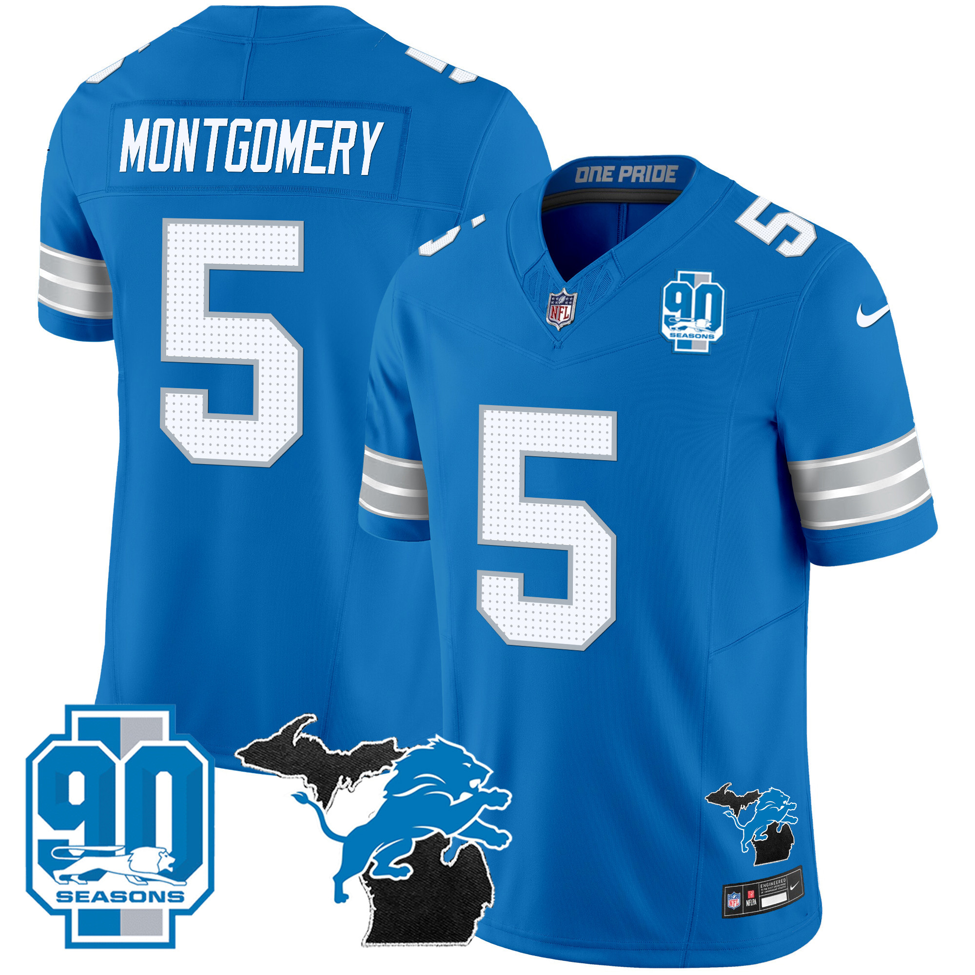 Men's Detroit Lions 2025 Michigan & 90th Year Patch Vapor Jersey - All Stitched