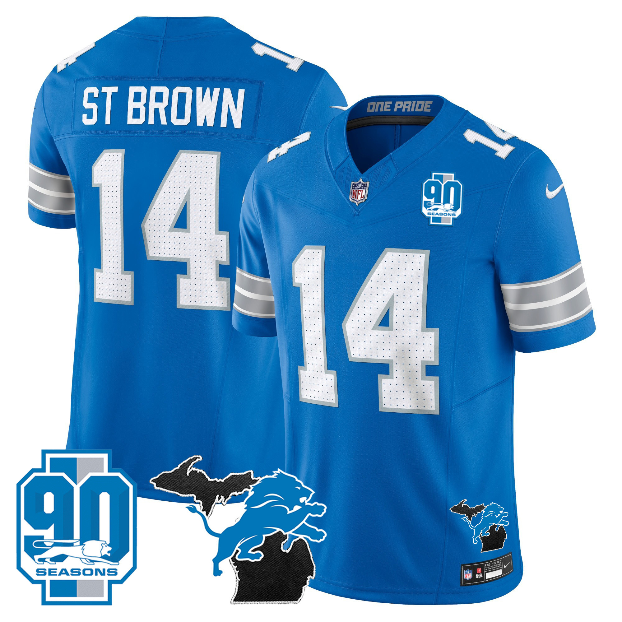 Men's Detroit Lions 2025 Michigan & 90th Year Patch Vapor Jersey - All Stitched