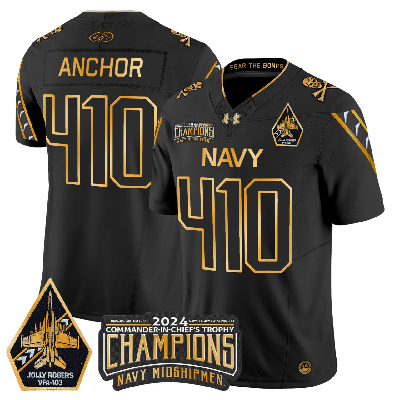 Men's Navy Midshipmen 2024 Commander-In-Chief's Trophy Champions Patch Gold Vapor Limited Jersey - All Stitched