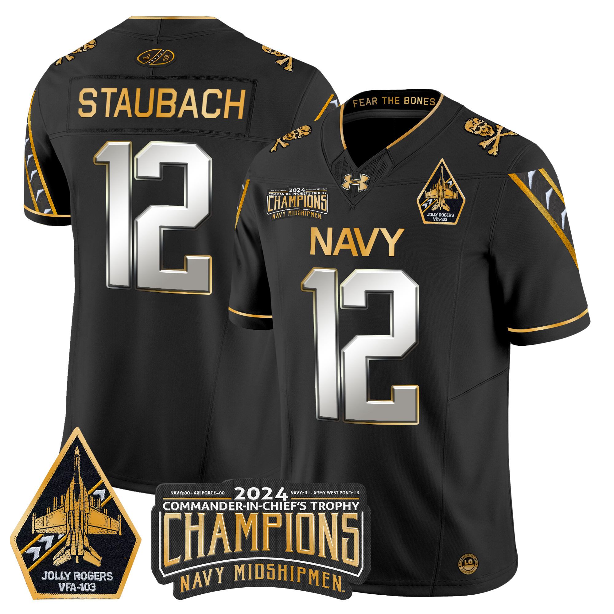 Men's Navy Midshipmen 2024 Commander-In-Chief's Trophy Champions Patch Gold Vapor Limited Jersey - All Stitched