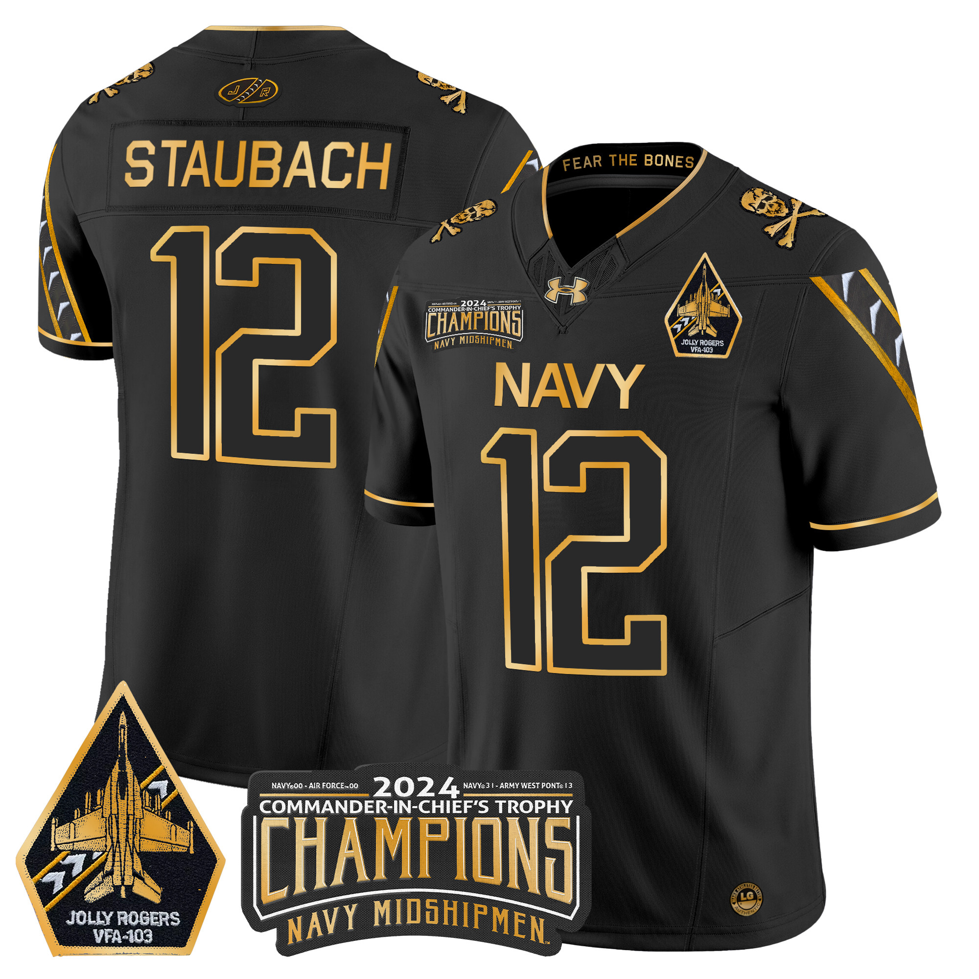 Men's Navy Midshipmen 2024 Commander-In-Chief's Trophy Champions Patch Gold Vapor Limited Jersey - All Stitched