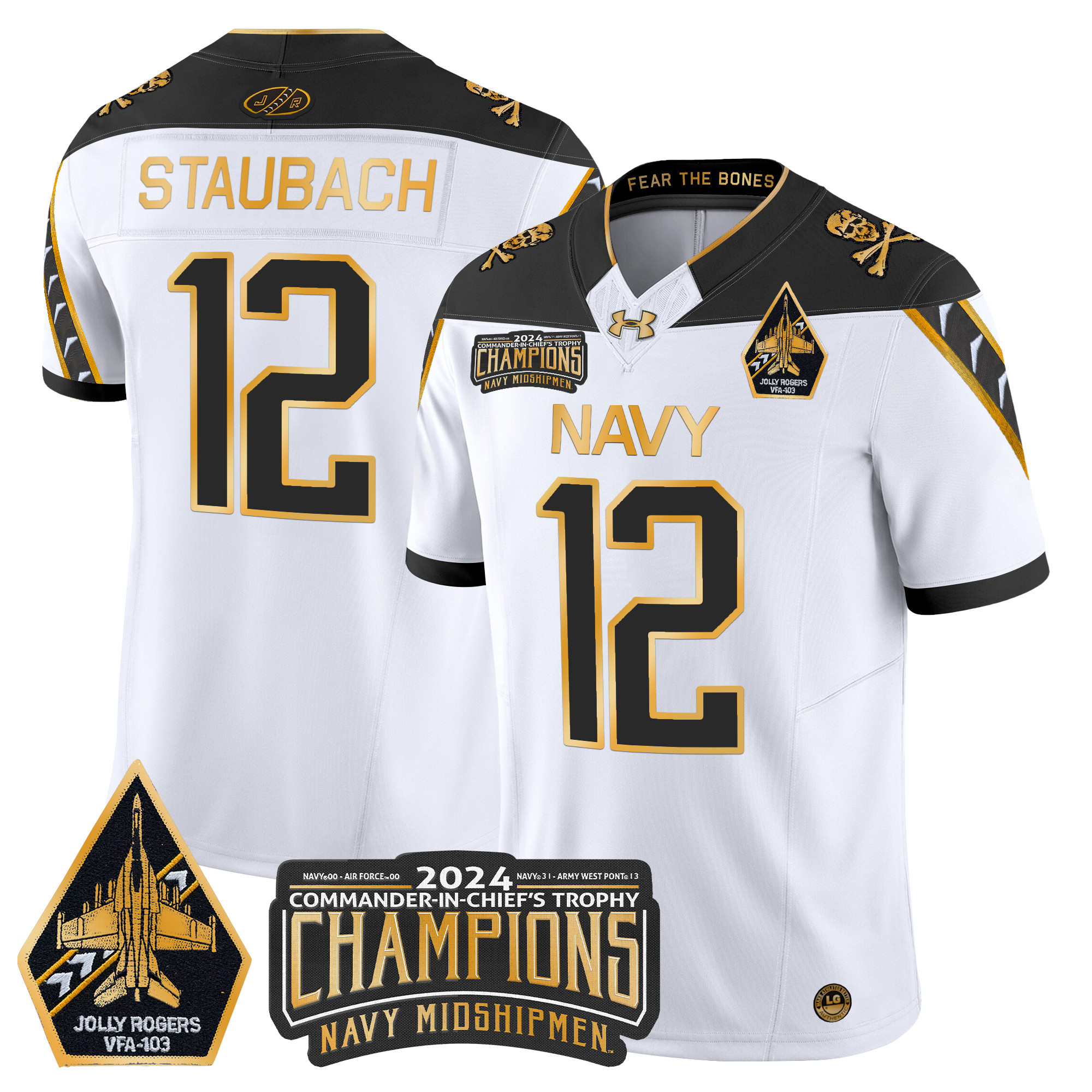 Men's Navy Midshipmen 2024 Commander-In-Chief's Trophy Champions Patch Gold Vapor Limited Jersey - All Stitched