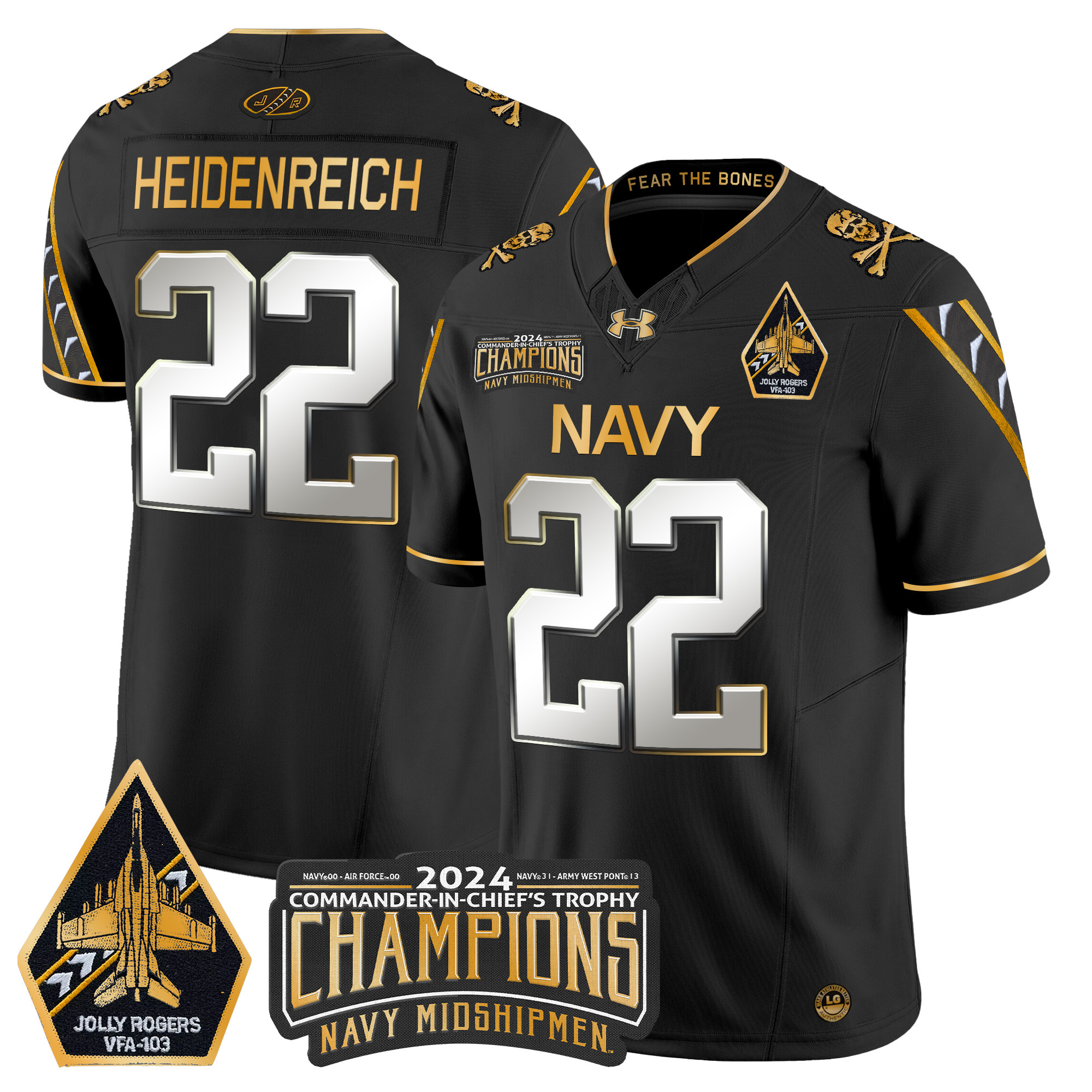 Men's Navy Midshipmen 2024 Commander-In-Chief's Trophy Champions Patch Gold Vapor Limited Jersey - All Stitched