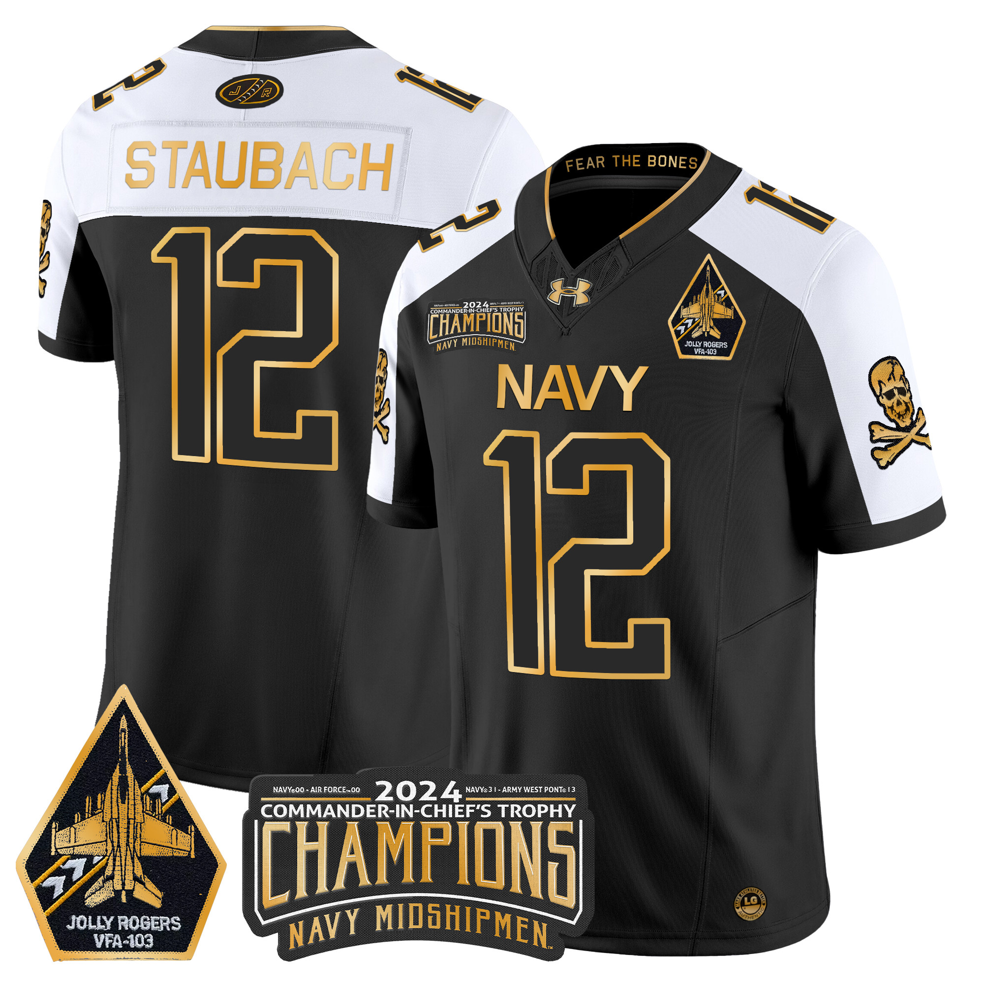 Men's Navy Midshipmen 2024 Commander-In-Chief's Trophy Champions Patch Gold Vapor Limited Jersey - All Stitched