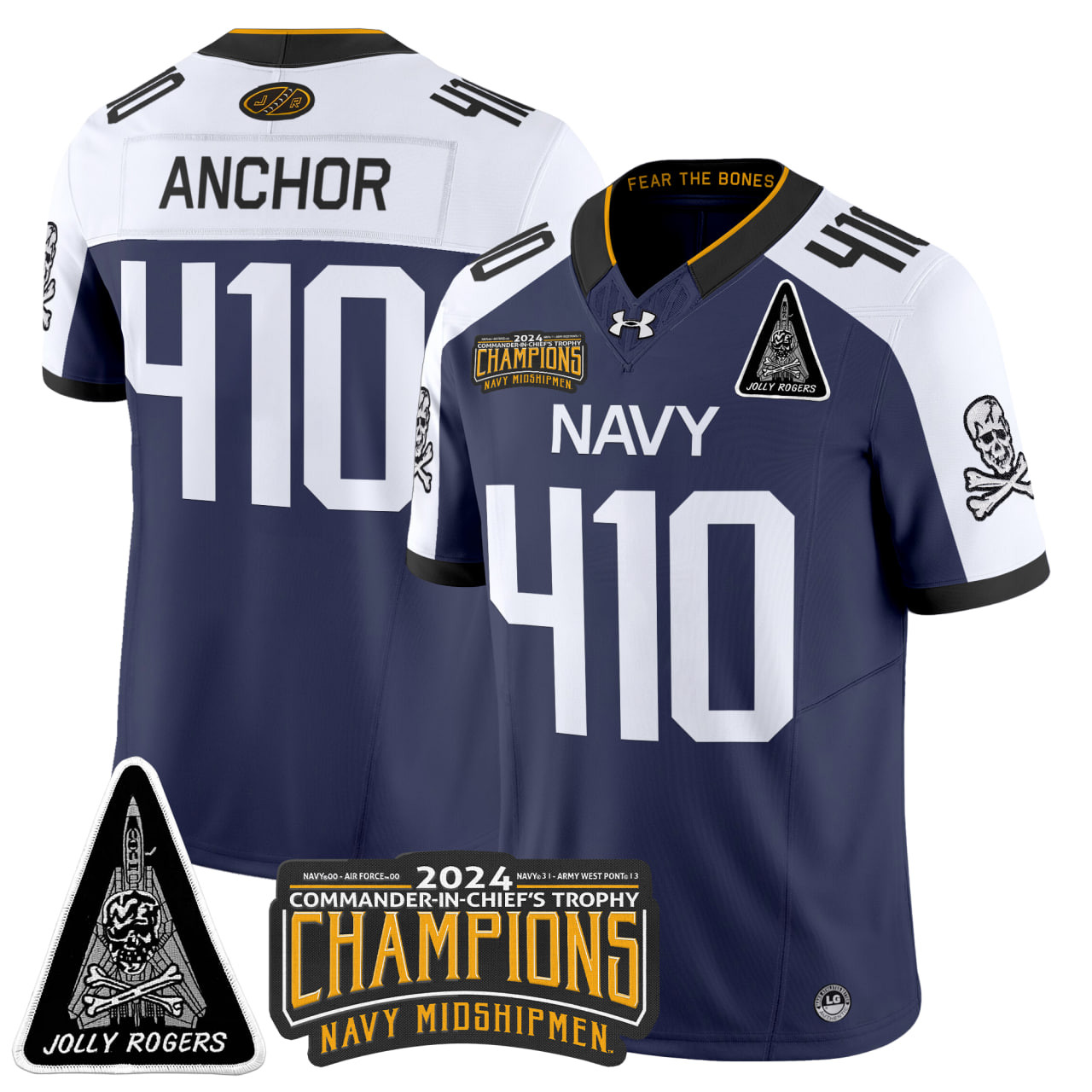 Men's Navy Midshipmen Jolly Rogers F-14 Tomcat & Champions Patch Vapor Limited Jersey - All Stitched