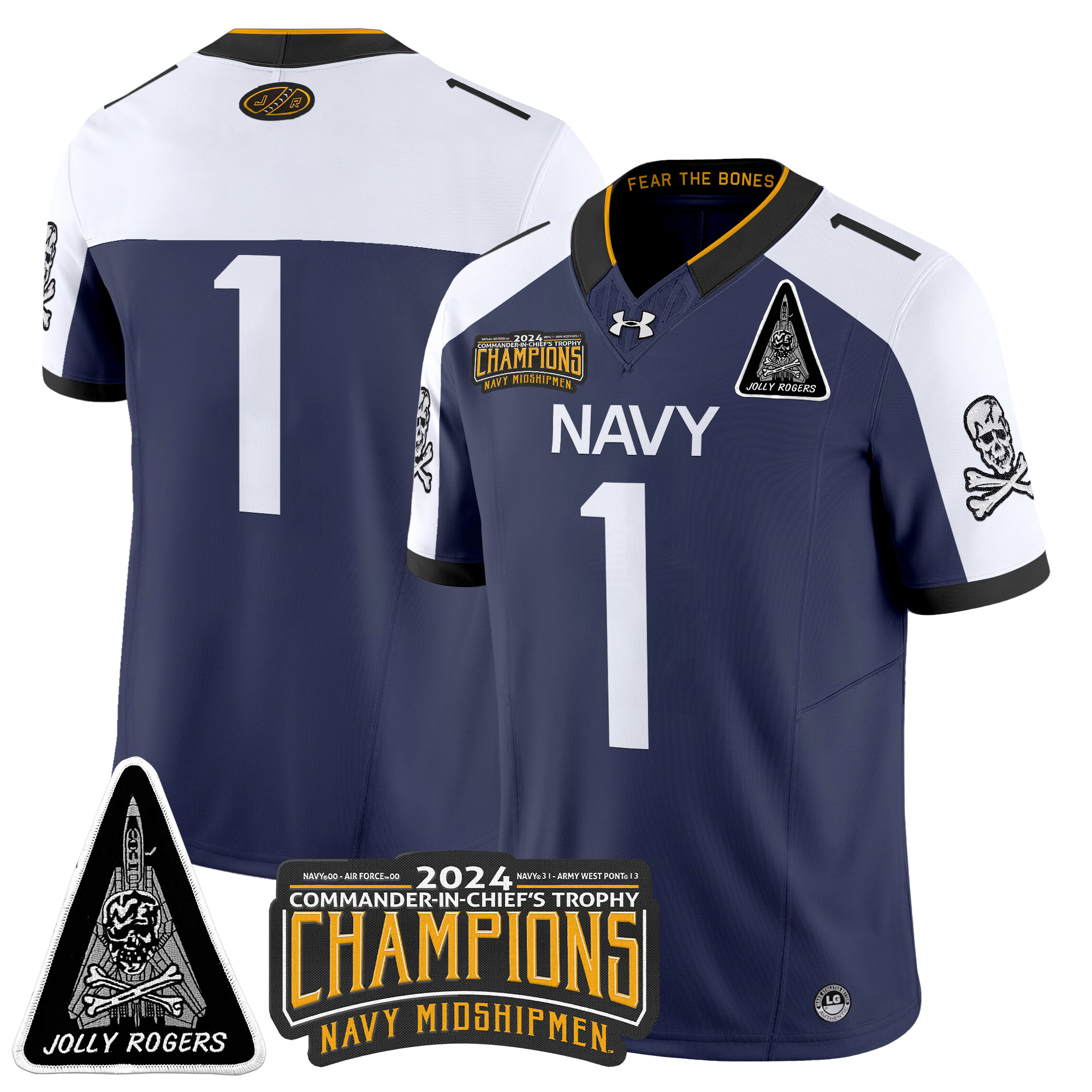 Men's Navy Midshipmen Jolly Rogers F-14 Tomcat & Champions Patch Vapor Limited Jersey - All Stitched